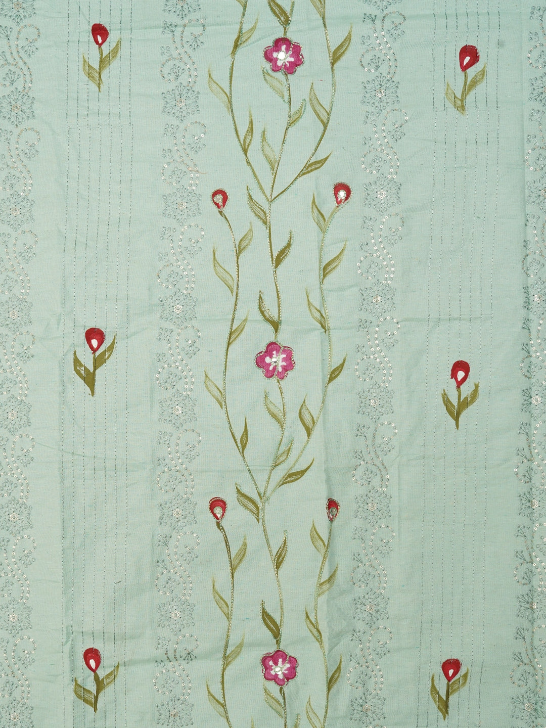 Sea Green Handpainted Embroidered Dress Material with Dupatta