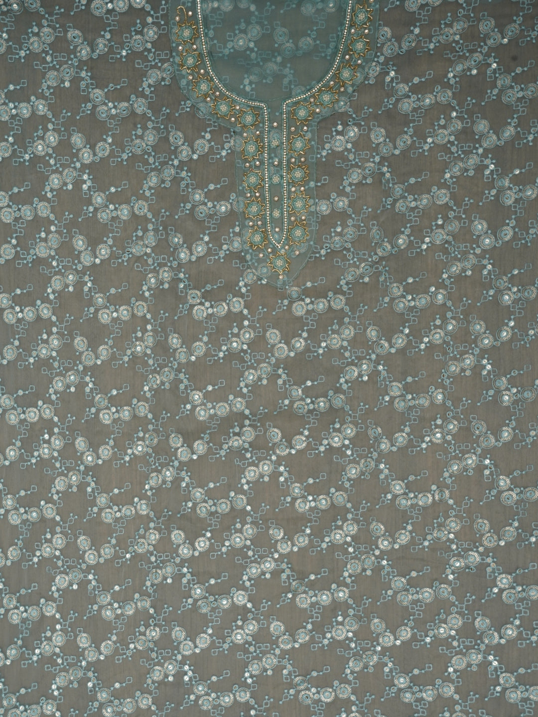 Sea Green Festive Embellished Organza Dress Material with Dupatta