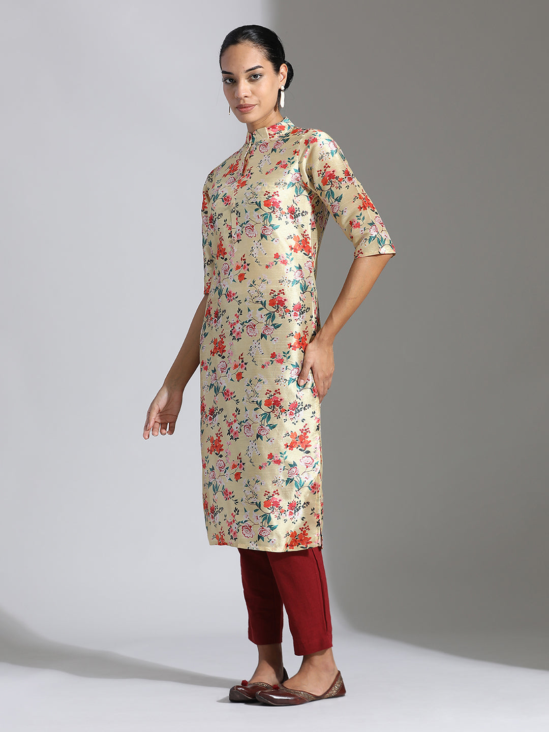 Yellow Floral Printed Poly Chanderi Kurta