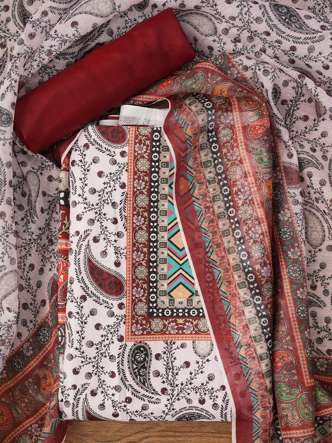 Red Paisley Printed Cotton Blend Dress Material with Dupatta