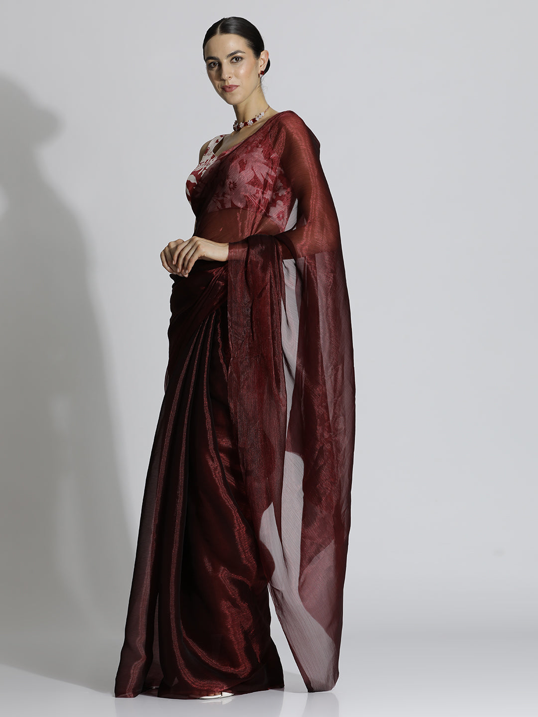 Maroon Festive Tissue Solid Saree