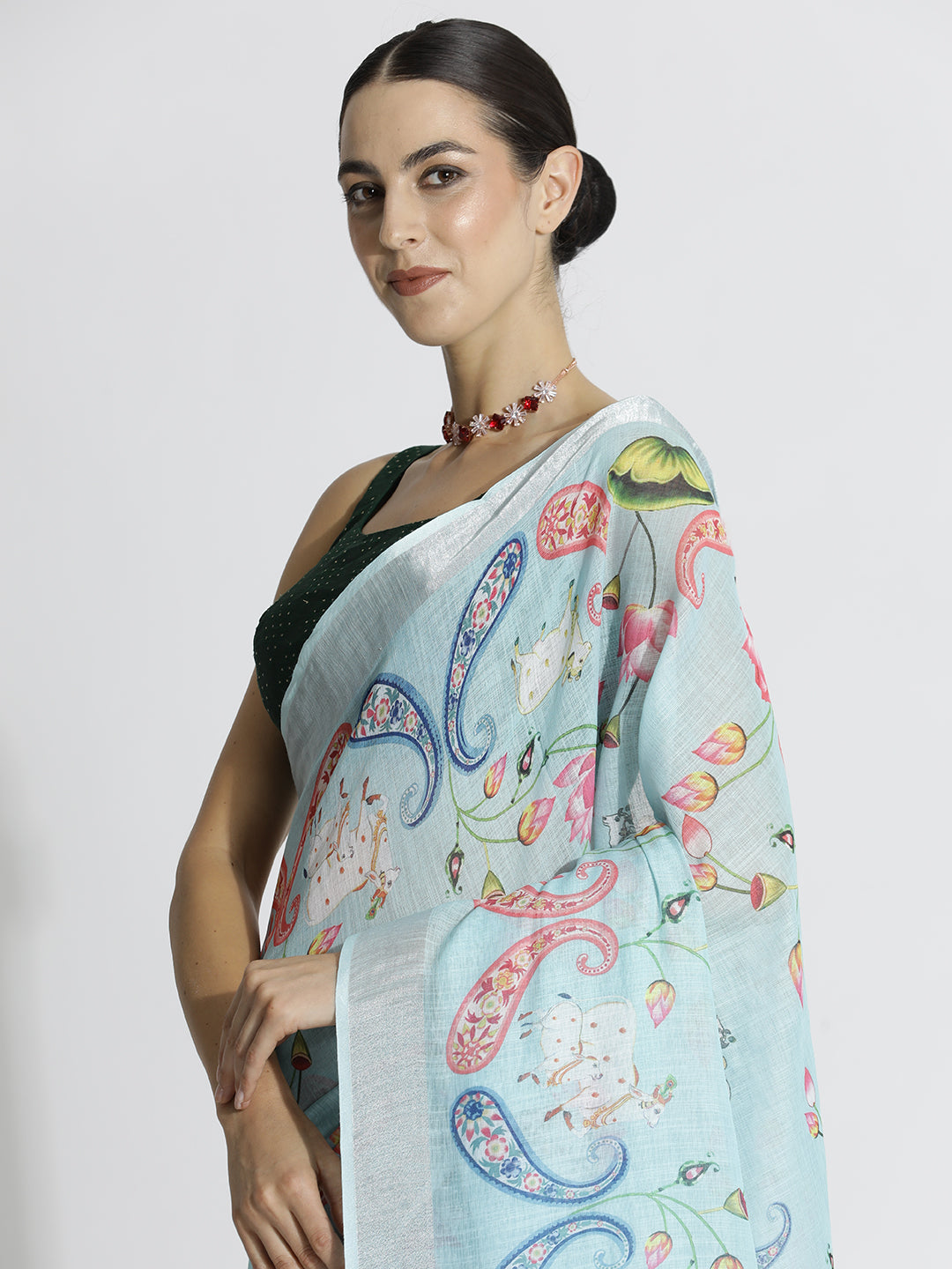 Sky Blue Pichwai Printed Daily Wear Pure Linen Saree