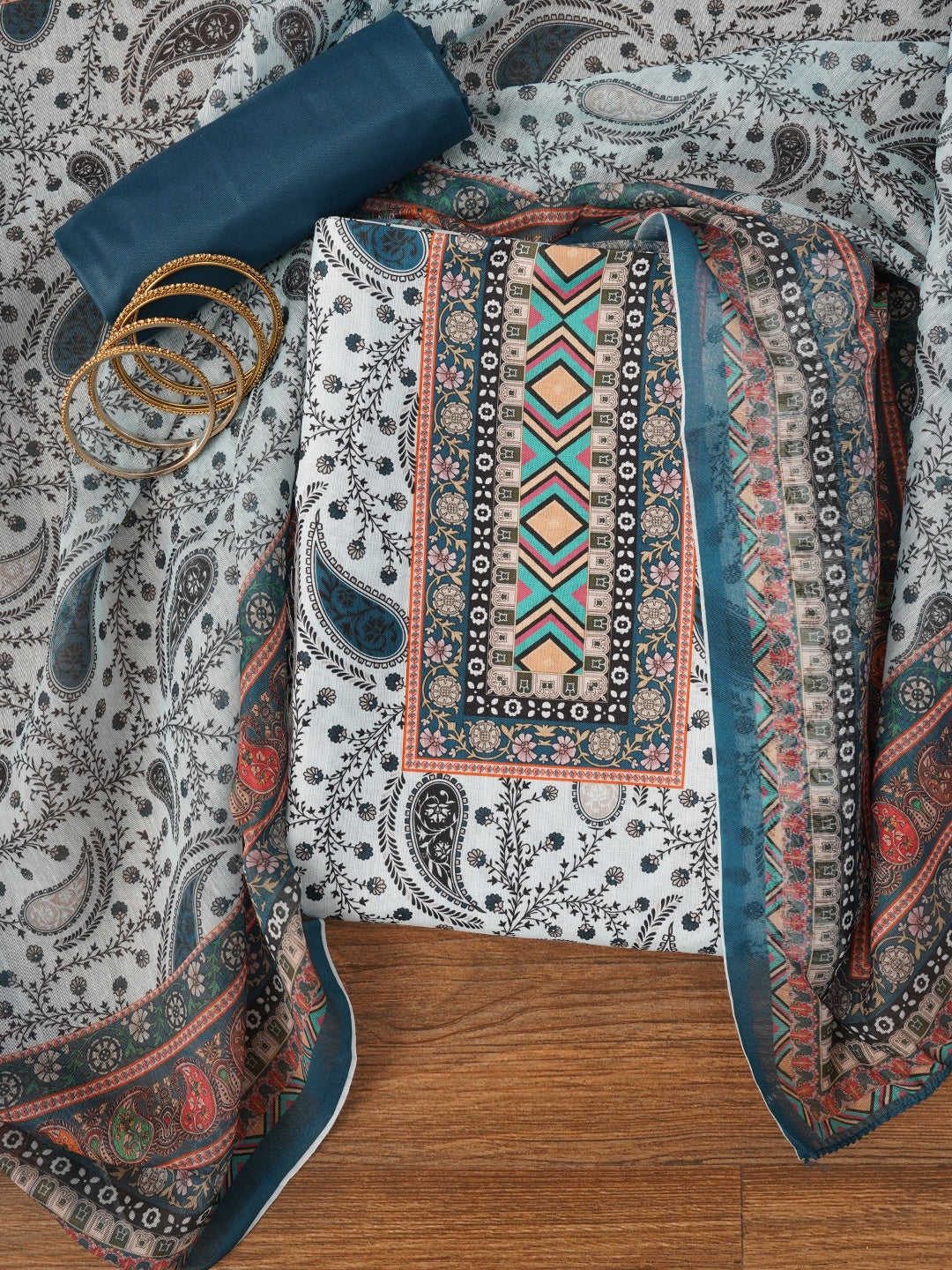 Teal Paisley Printed Cotton Blend Dress Material with Dupatta