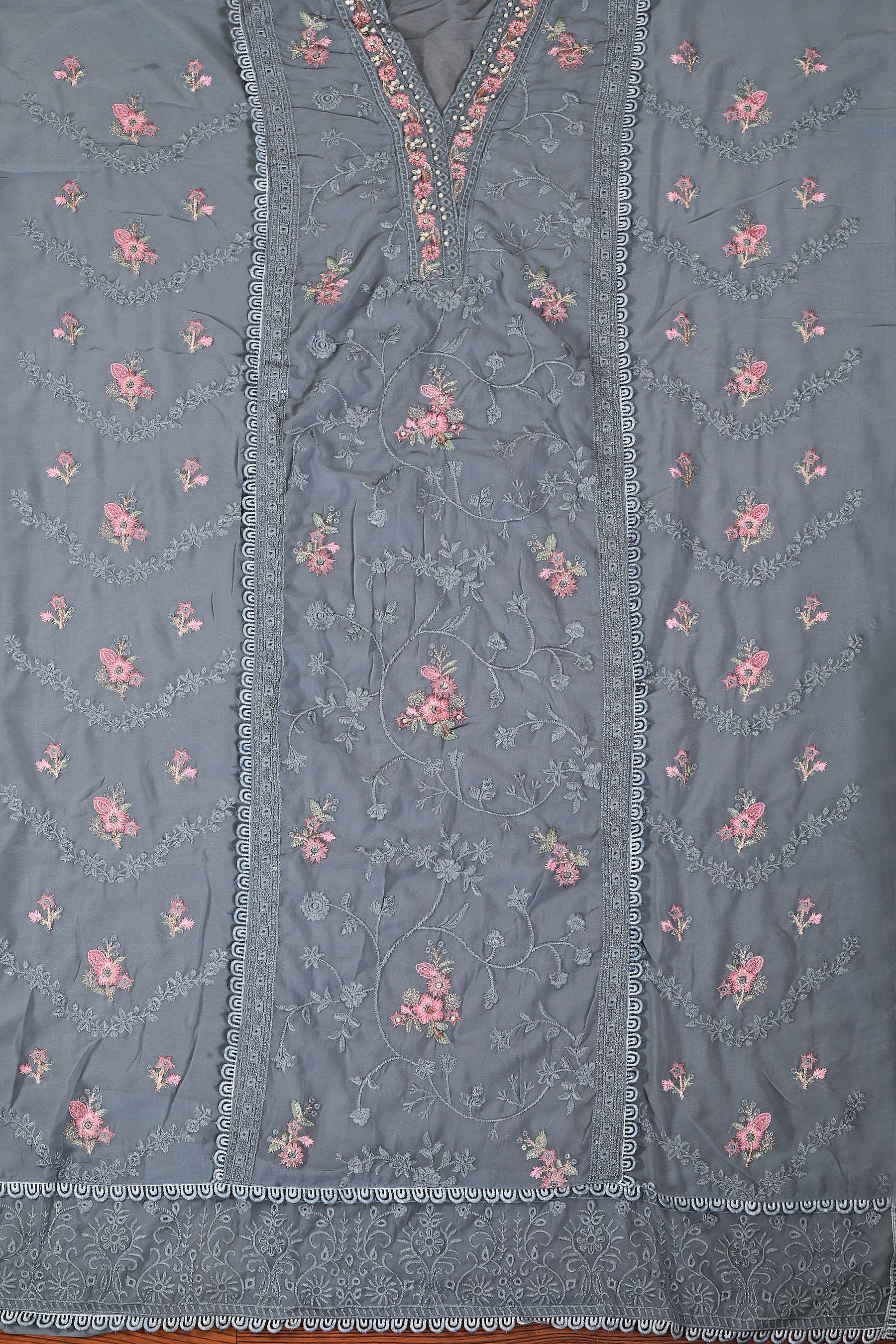 Heavy Embroidered Poly Georgette Light Blue Dress Material with Dupatta