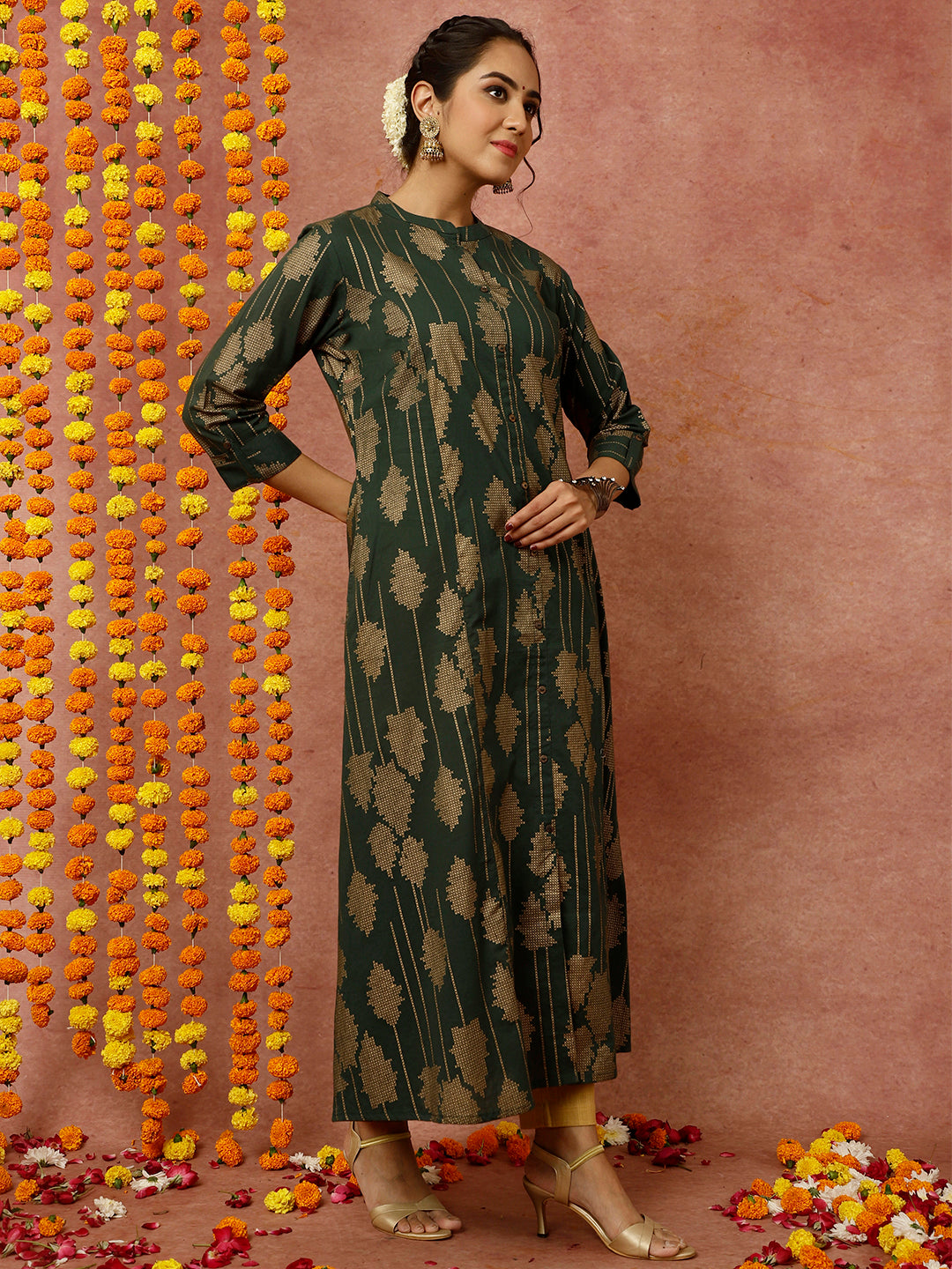 Dark Green Abstract Print A-line Kurta