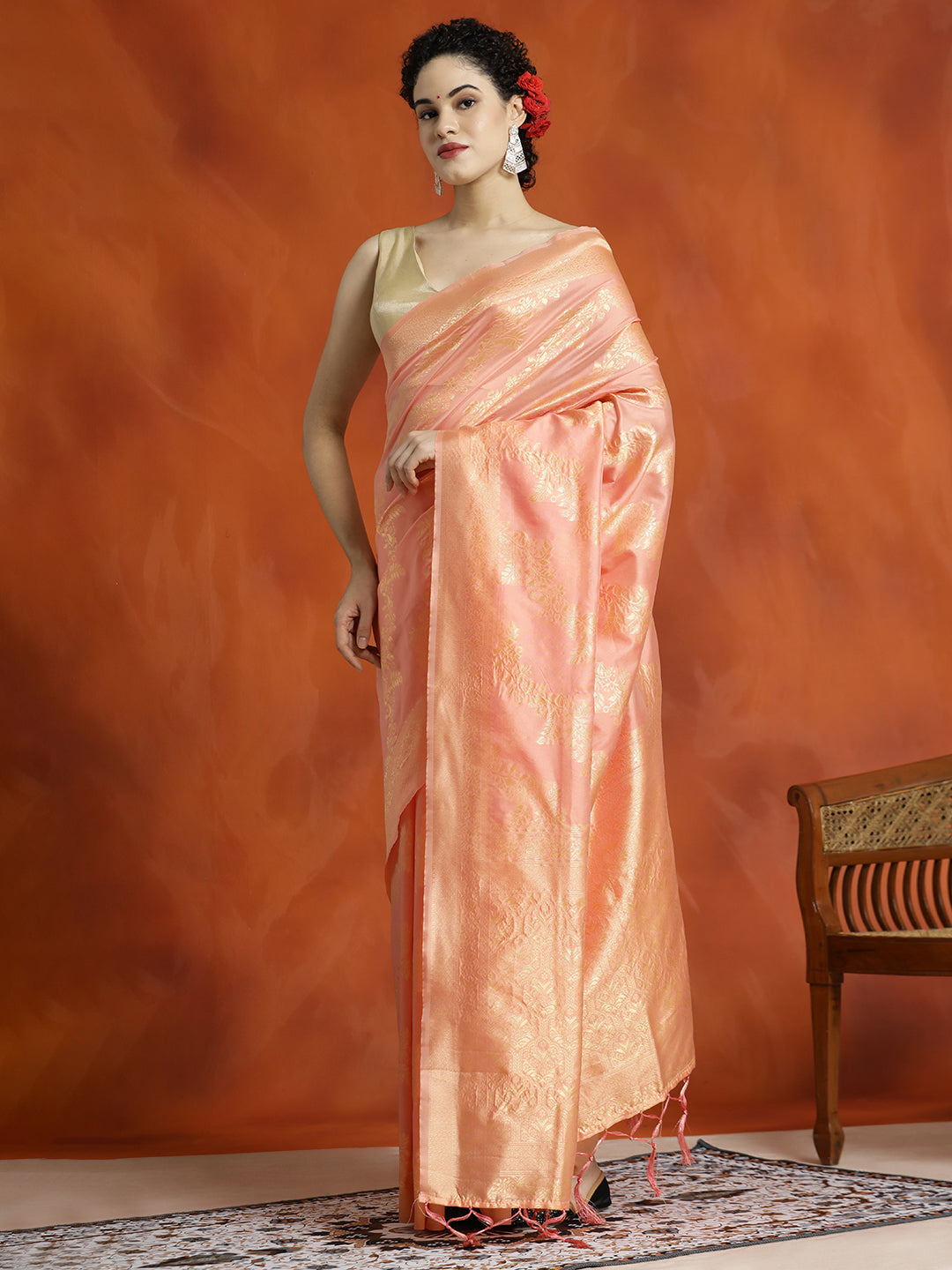 Peach Heavy Banarasi Zari Woven Silk Blend Saree