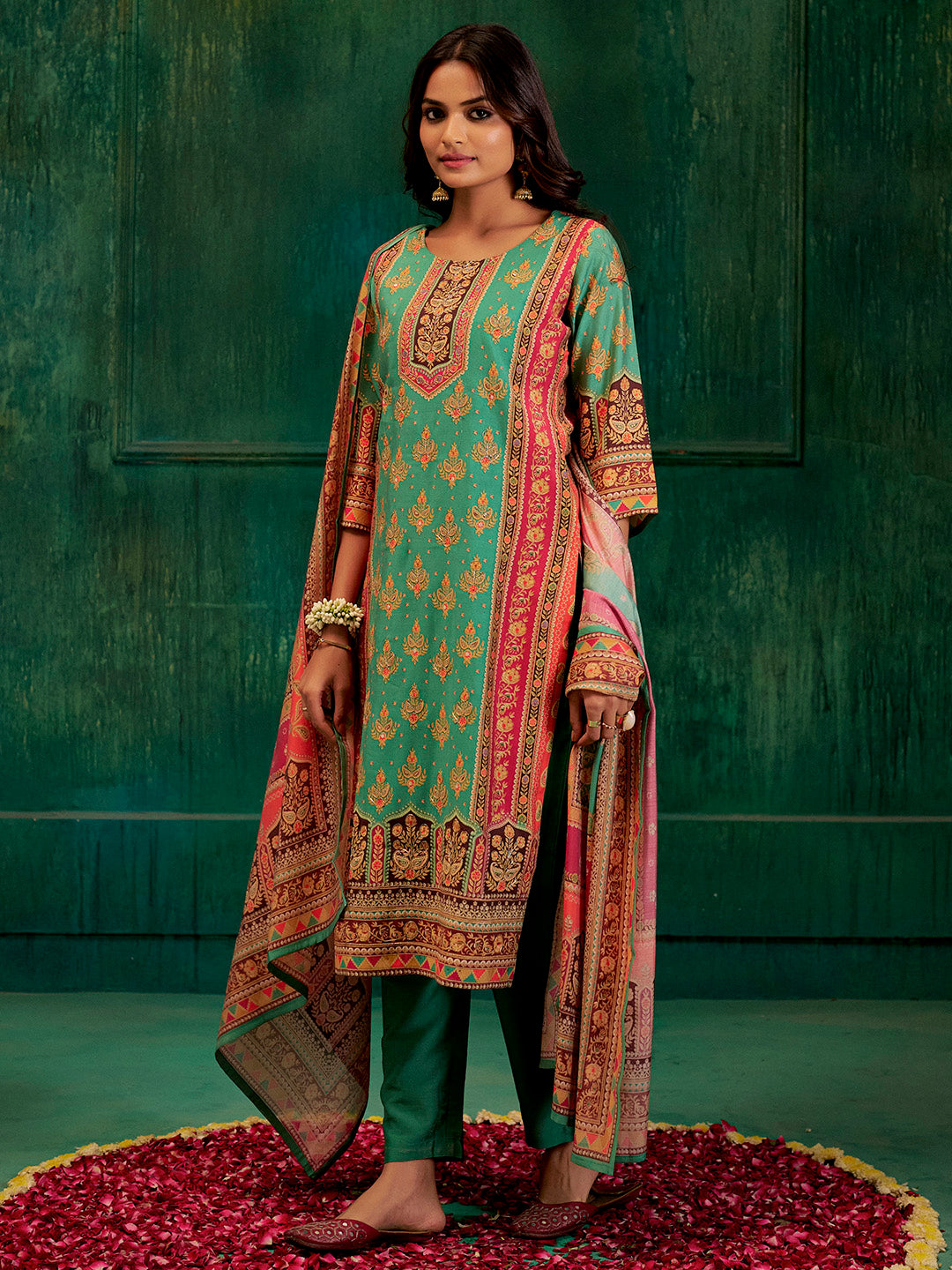 Sea Green Embellished Ethnic Printed Festive Kurta Set With Dupatta