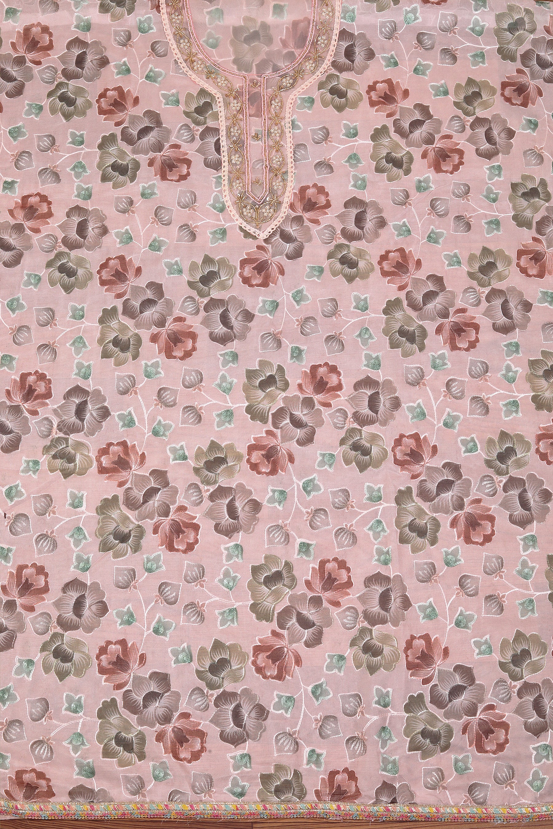 Brown Embellished Woven Design Organza Dress Material With Dupatta