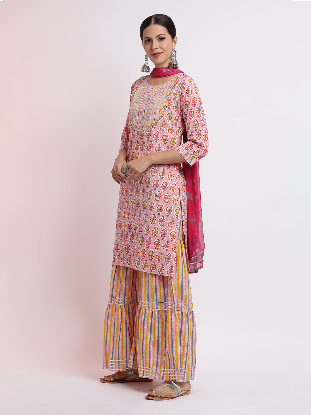 Floral Printed Pure Cotton Kurta With Sharara And Dupatta
