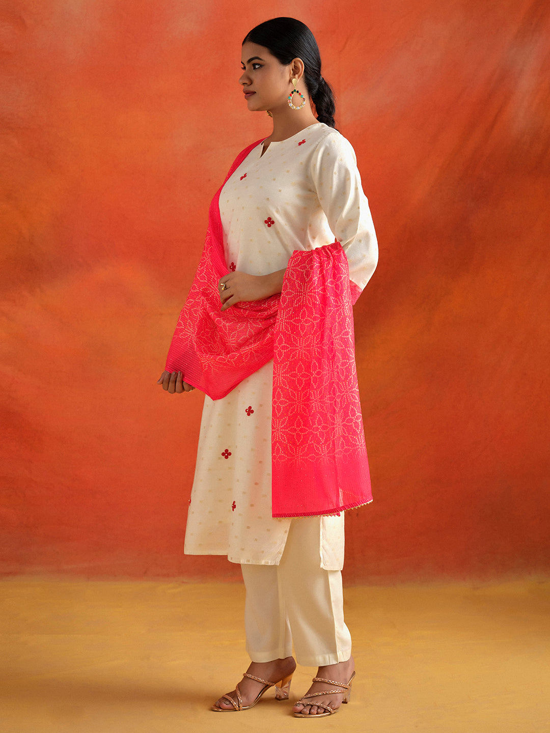 White Chanderi Jacquard Festive Kurta Set With Dupatta