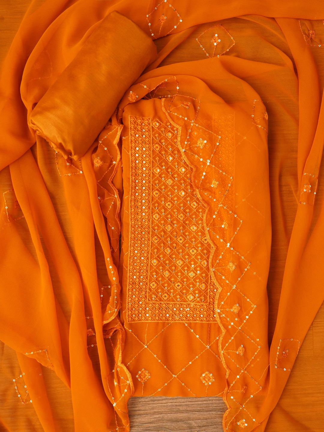 Mustard Embroidered Silk Georgette Dress Material with Dupatta