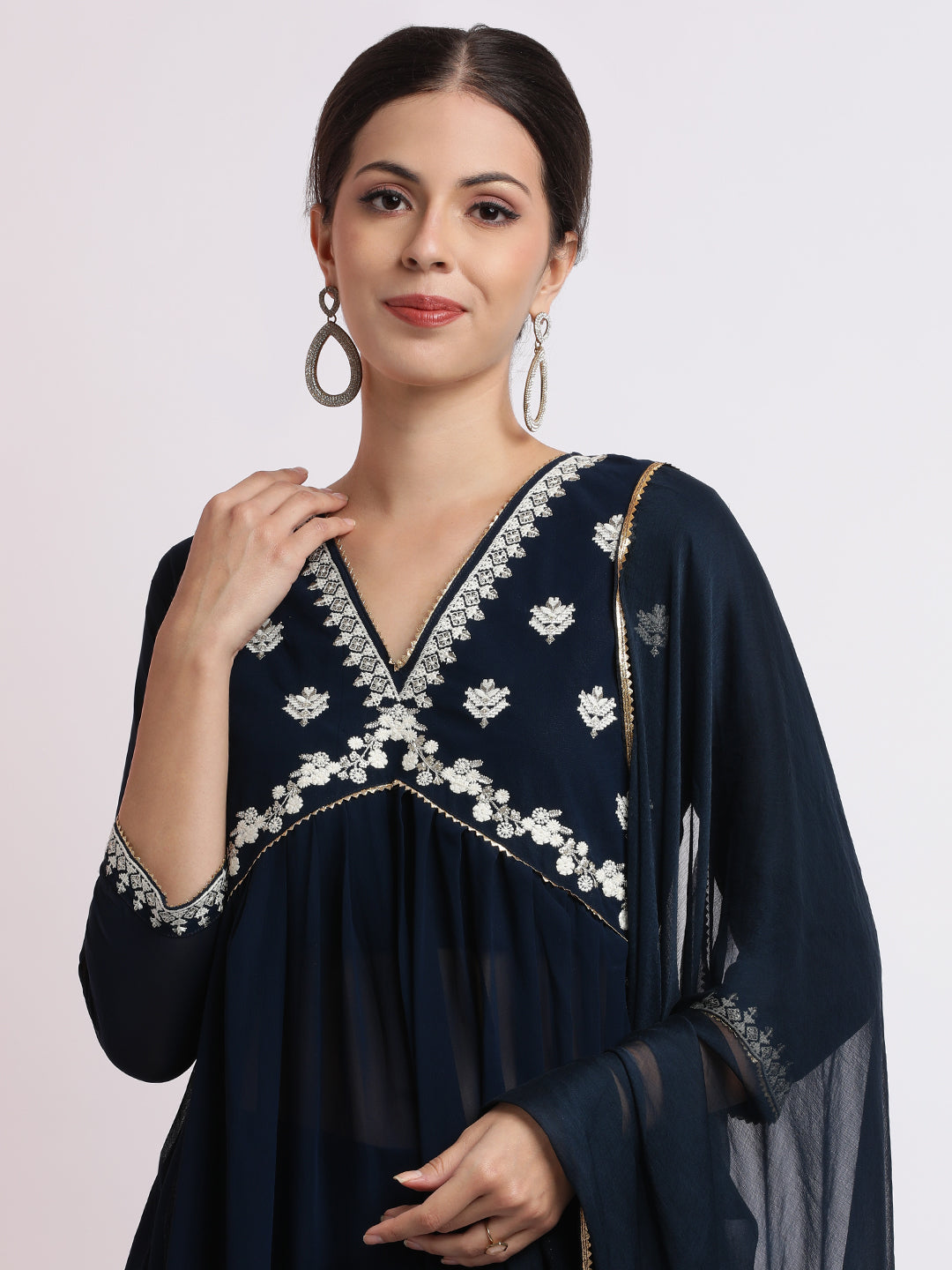 Navy Blue Embroidered Georgette Kurta Set With Dupatta