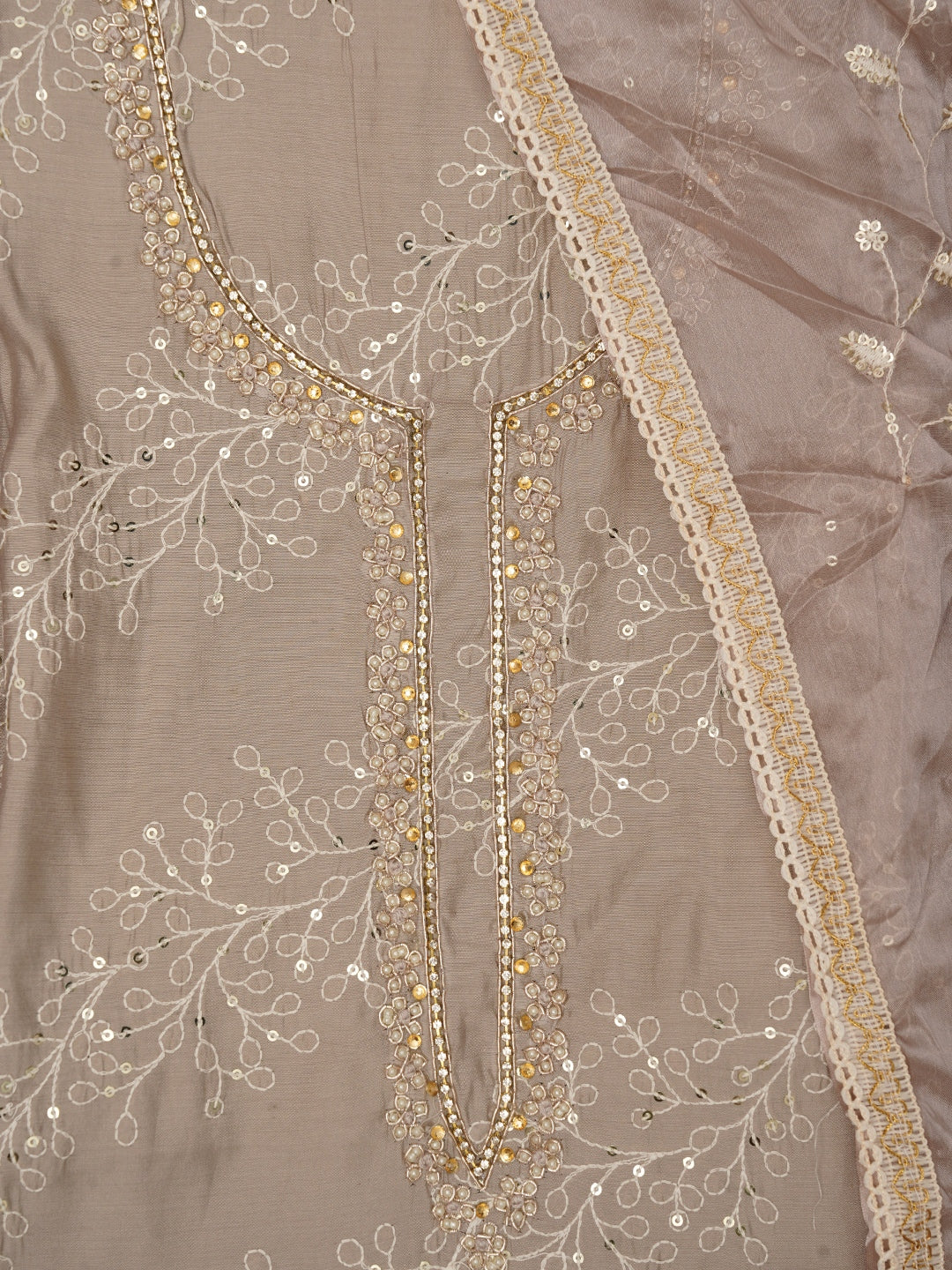 Grey Sequin Embroidered Pure Cotton Dress Material with Dupatta