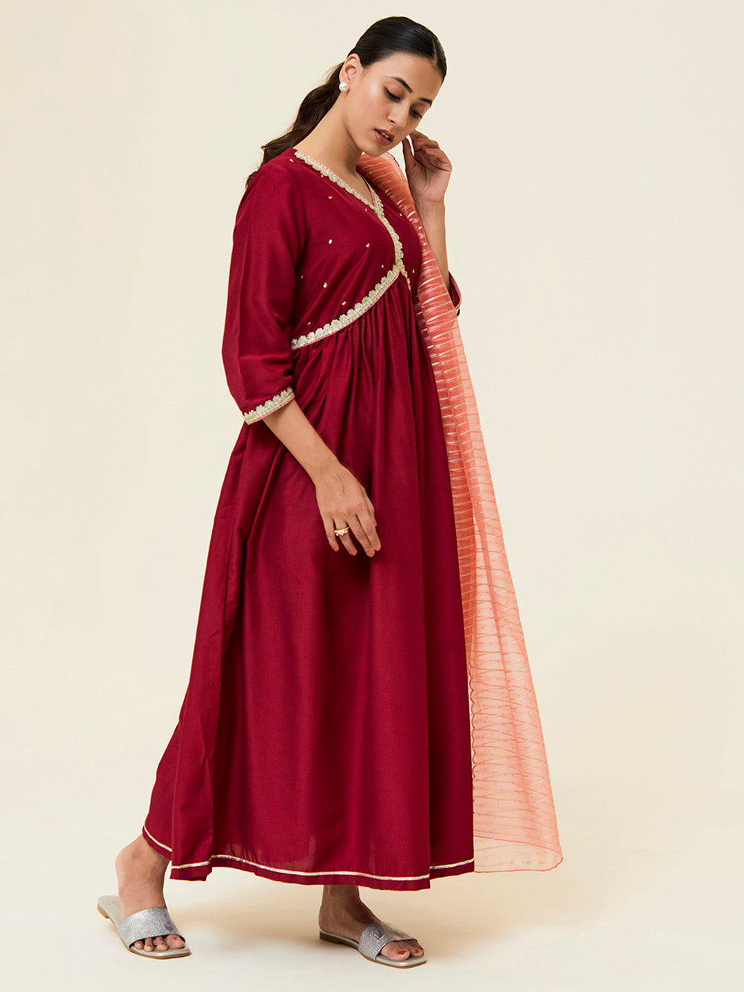 Maroon Embroidered Festive Kurta Set