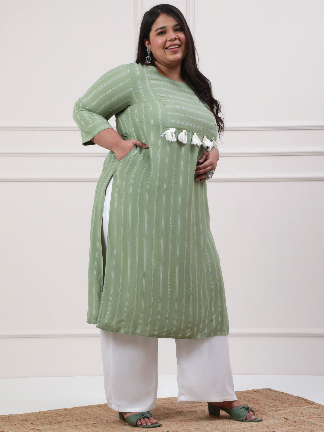 Plus Size Green Floral Printed Straight Kurta