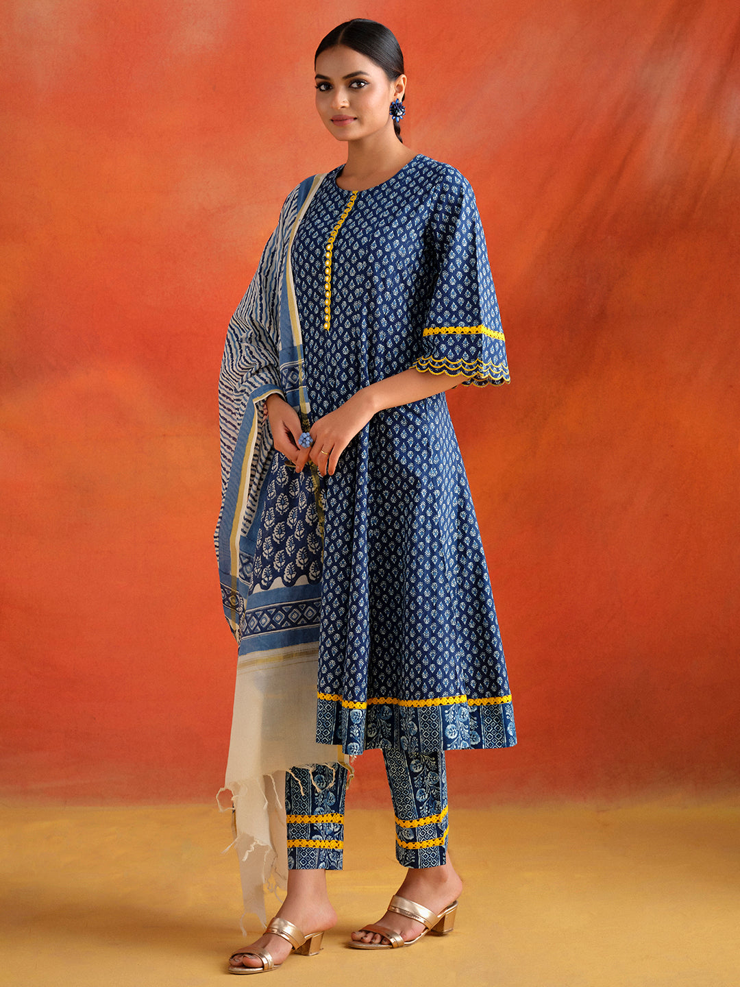 Indigo Blue Indigo Mirror Work Anarkali Kurta Set With Dupatta