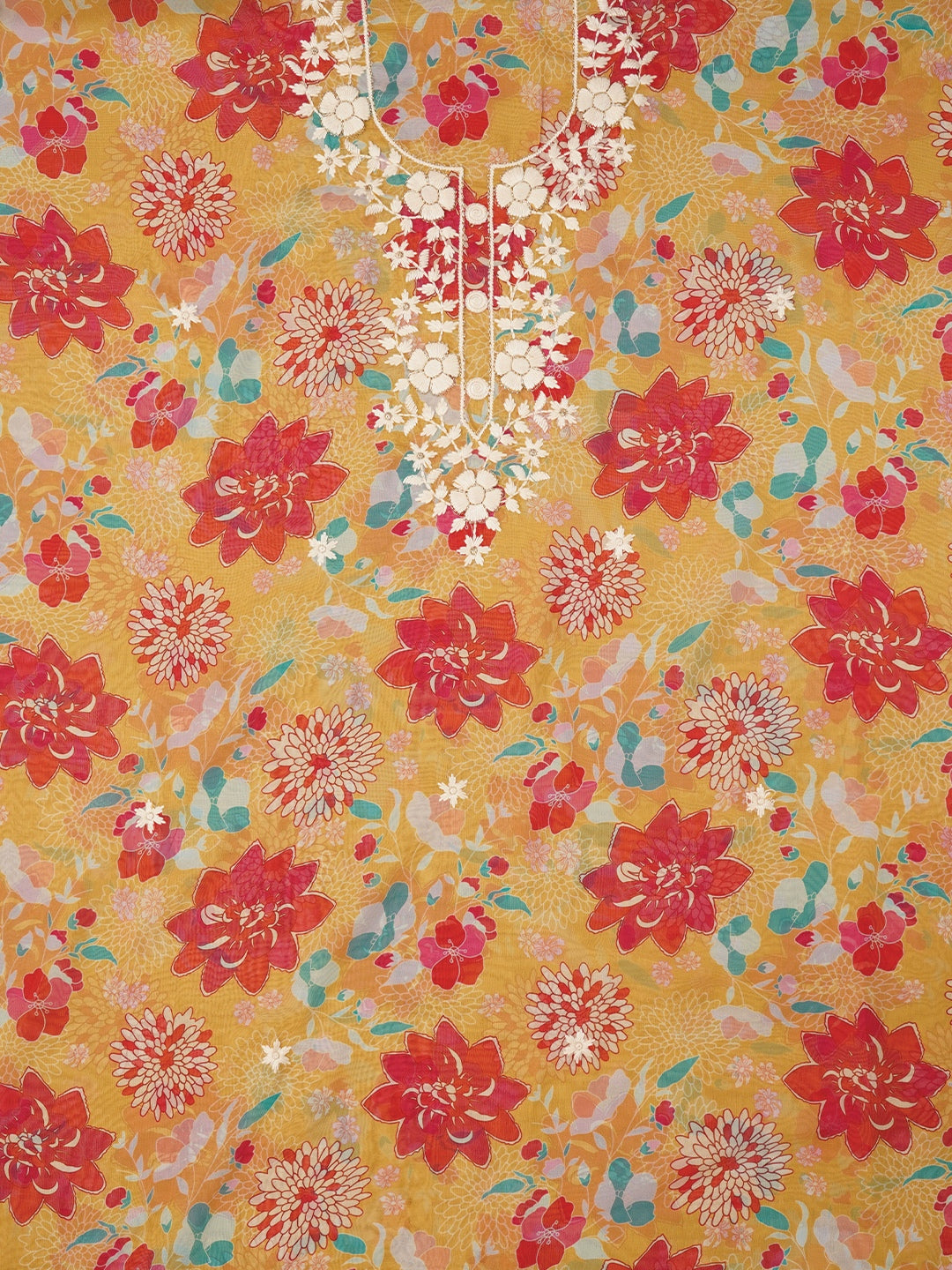 Yellow Lucknowi Embroidered Organza Dress Material with Dupatta