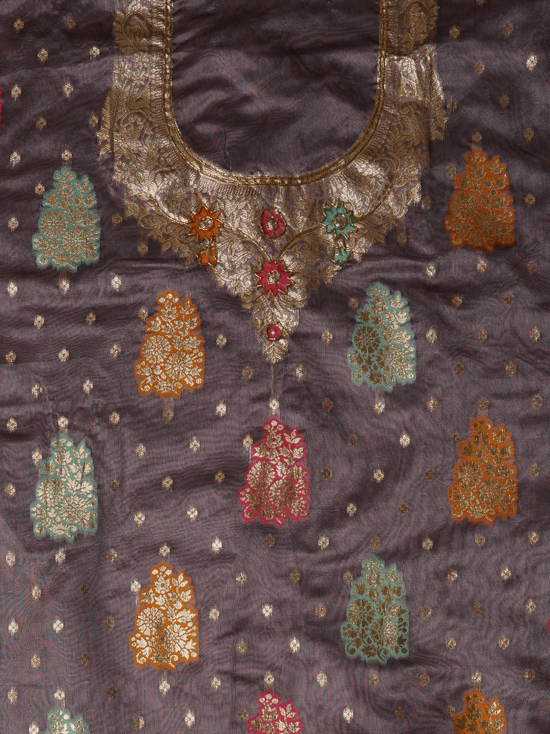 Unstitched Purple Woven Design Silk Blend Dress Material With Dupatta