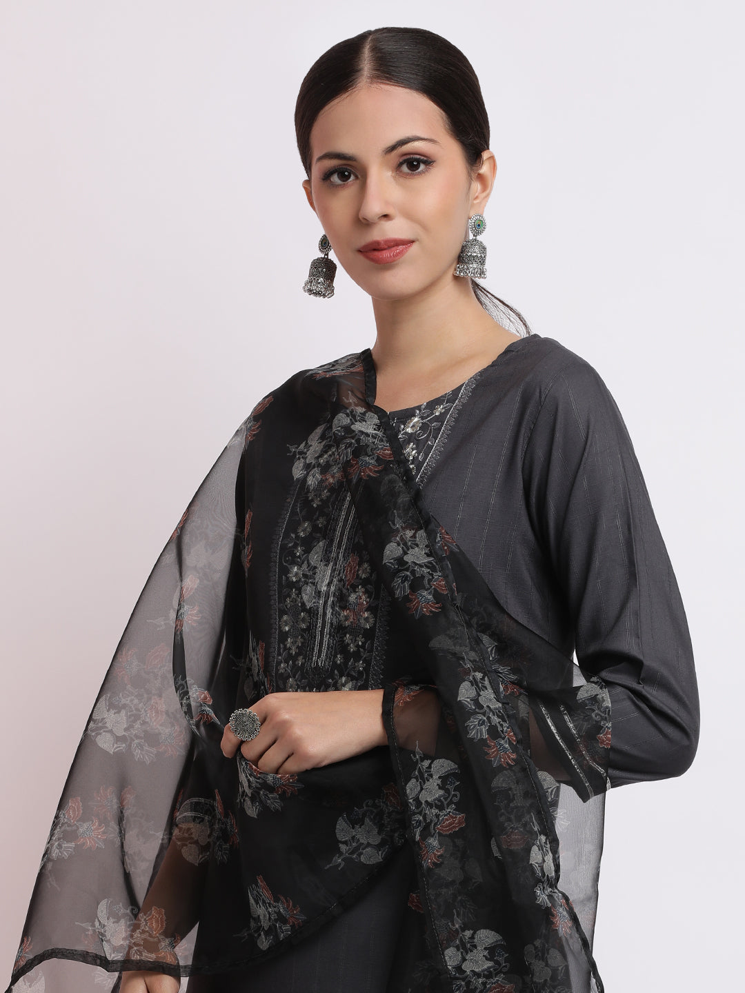 Poly Silk Embroidered Kurta Set With Organza Dupatta