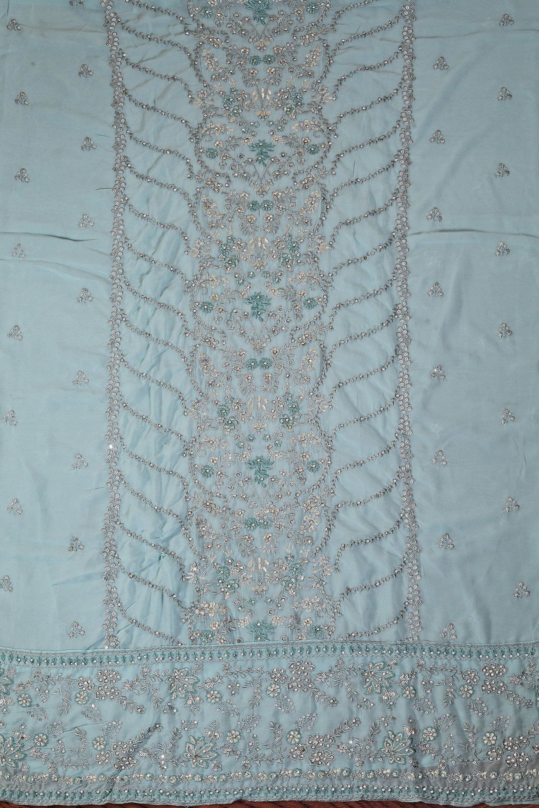 Sea Green Heavy Embroidered Poly Georgette Dress Material with Dupatta