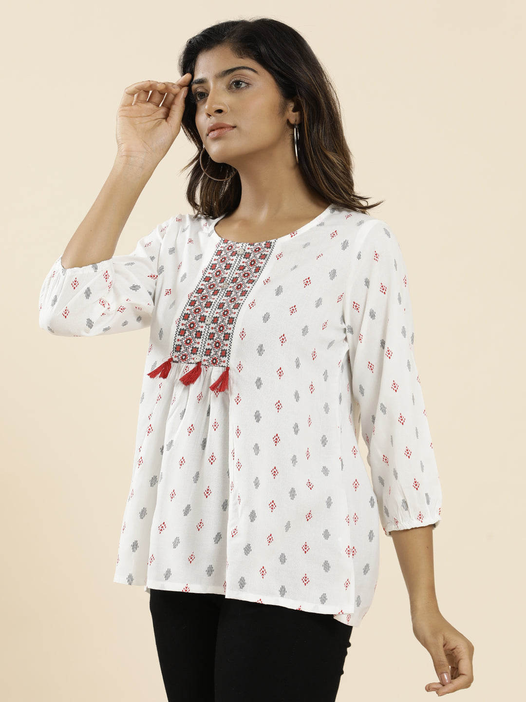 White Geometric Printed Peplum Top