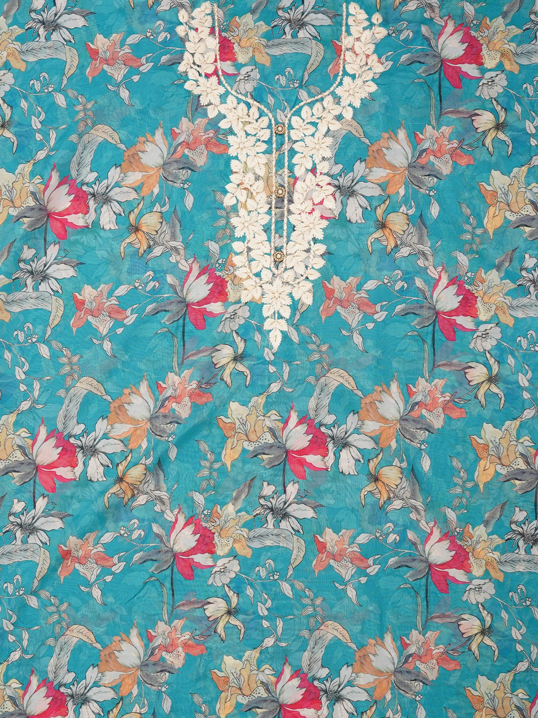 Sky Blue Lucknowi Embroidered Organza Dress Material with Dupatta