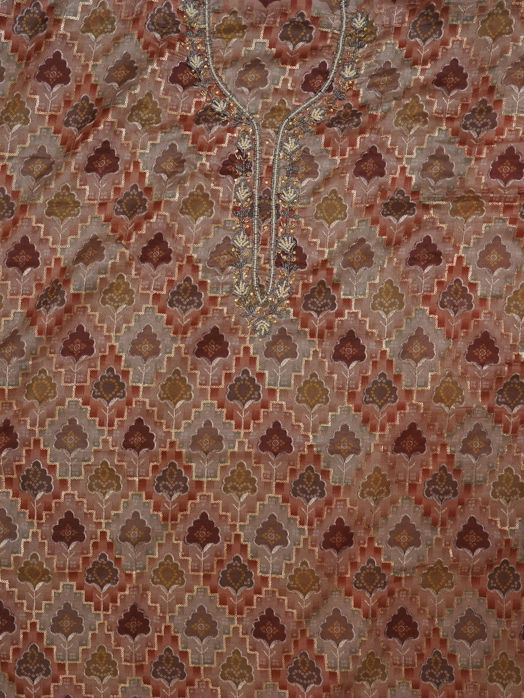 Rust Ethnic Sequin Embroidered Organza Dress Material with Dupatta