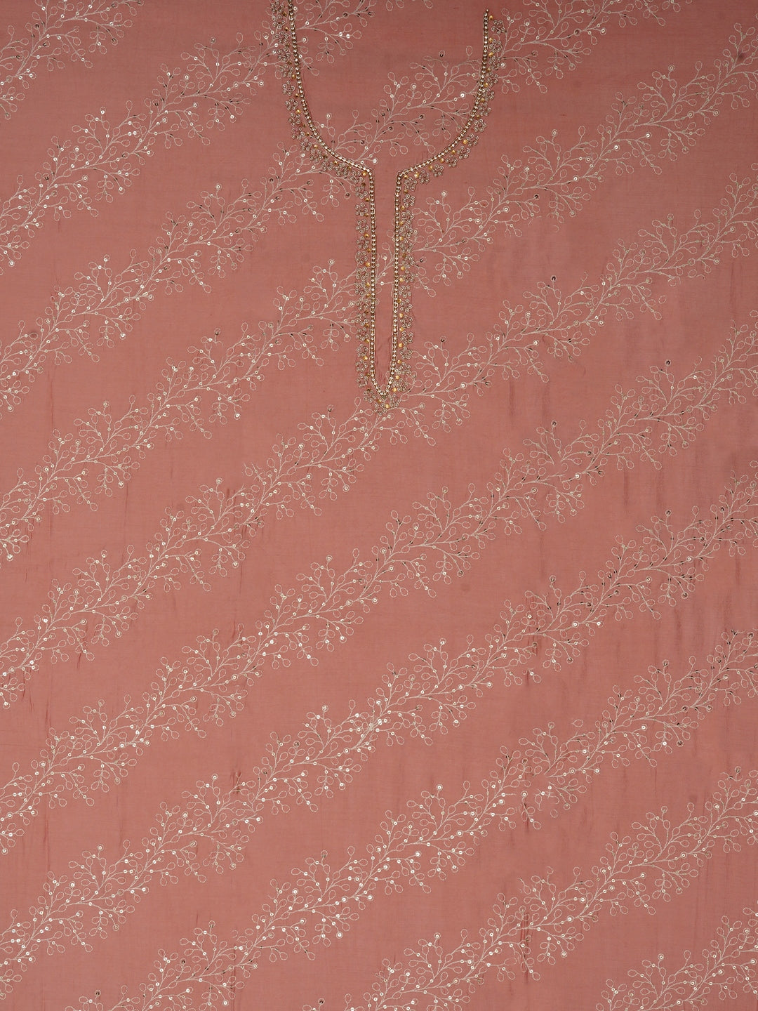 Peach Sequin Embroidered Pure Cotton Dress Material with Dupatta