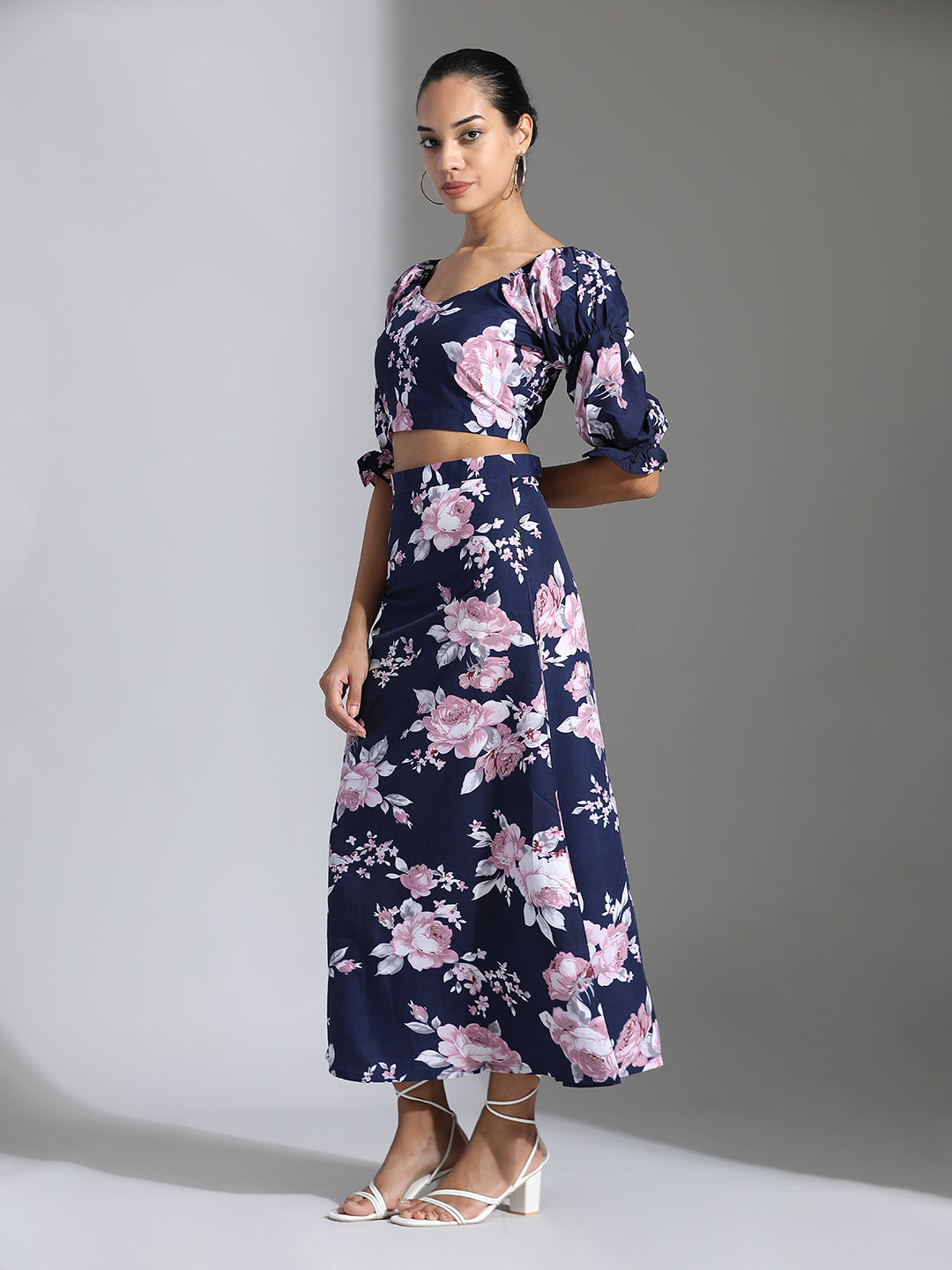 Blue Floral Printed Crop Top With Skirt Co-ord Set