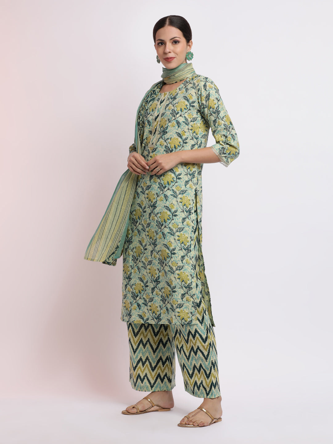 Floral Printed Cotton Kurta Set With Dupatta