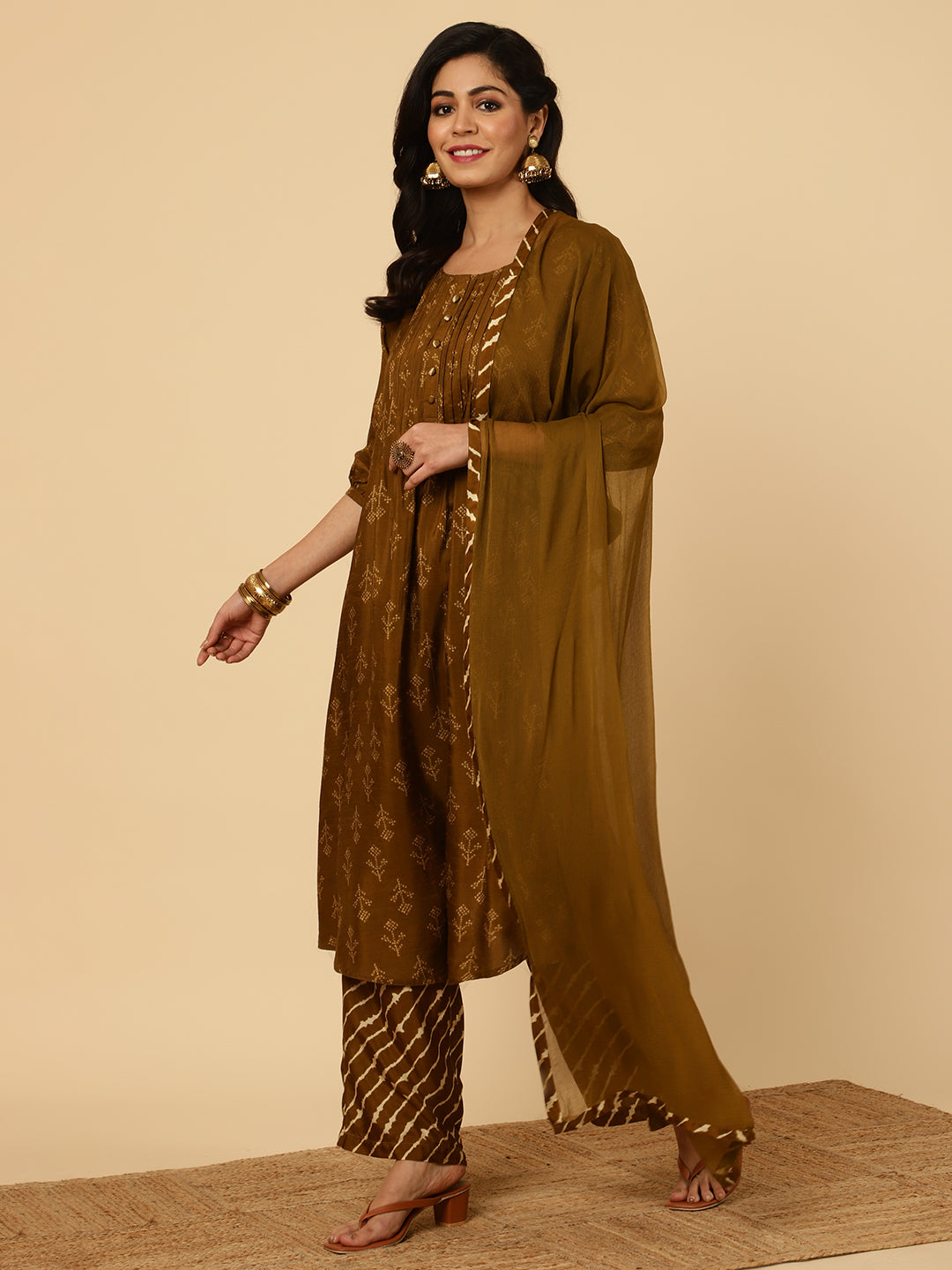 Brown Dola Silk Pleated Bandhani Kurta With Palazzo And Dupatta