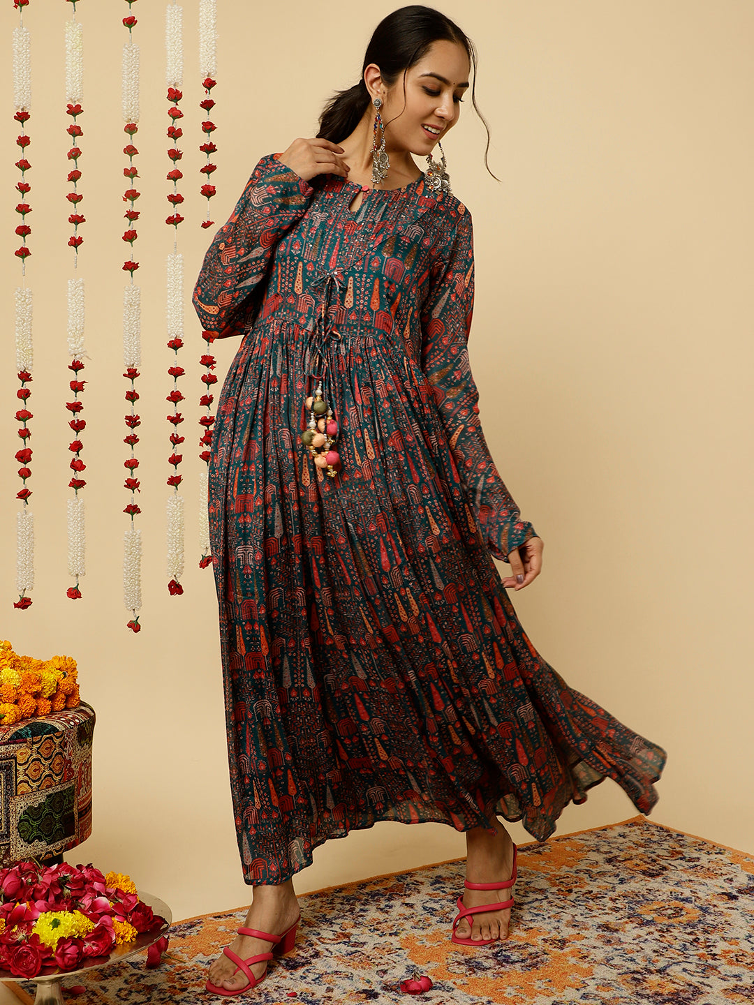 Teal Tribal Printed Flared Kurta With Dupatta
