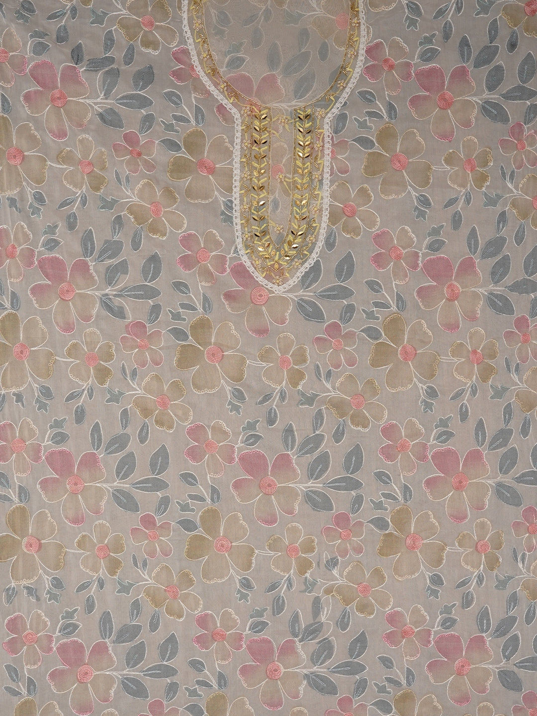 Pink Floral Embroidered Organza Dress Material with Dupatta