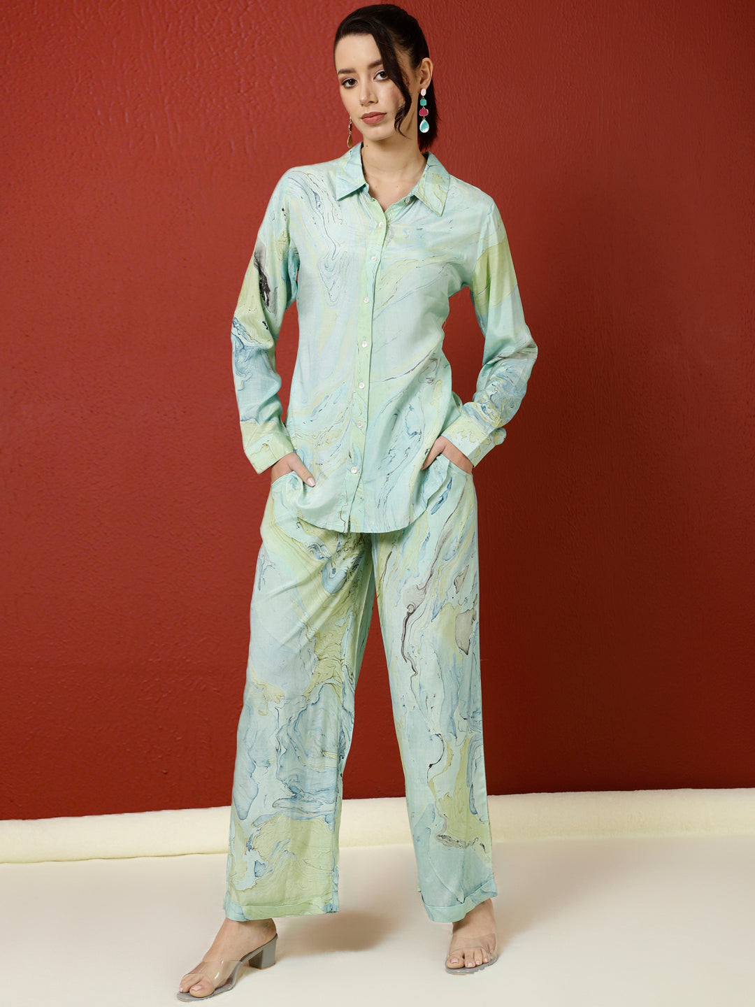 Blue Hand Marble Dyeing Office Wear Co-ord Set