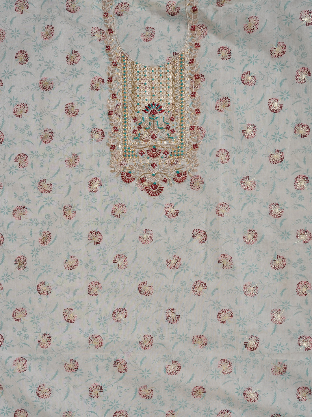 Off White Festive Silk Blend Zari Woven Dress Material With Dupatta