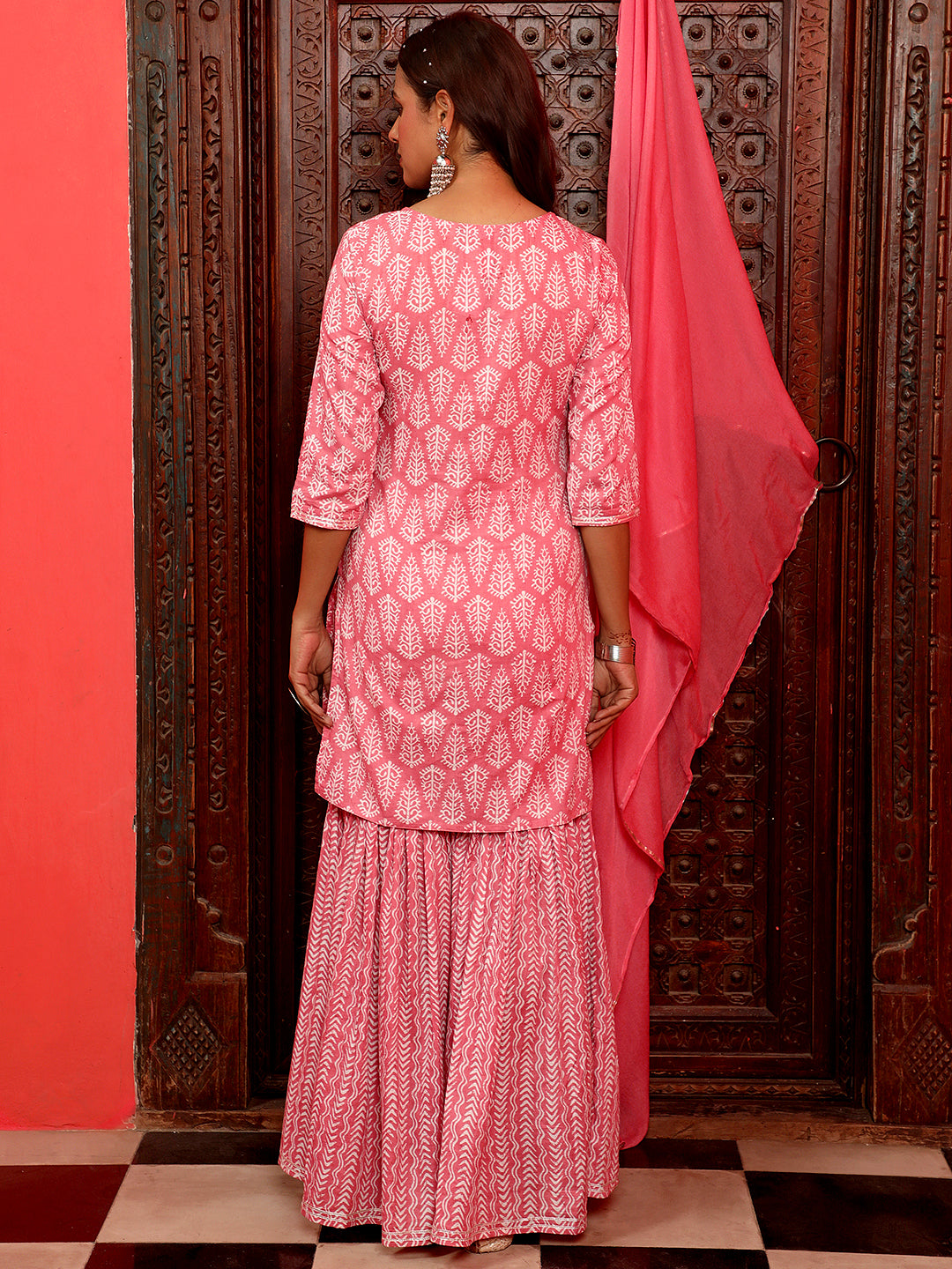 Pink Ethnic Printed Straight Kurta With Sharara And Chiffon Dupatta