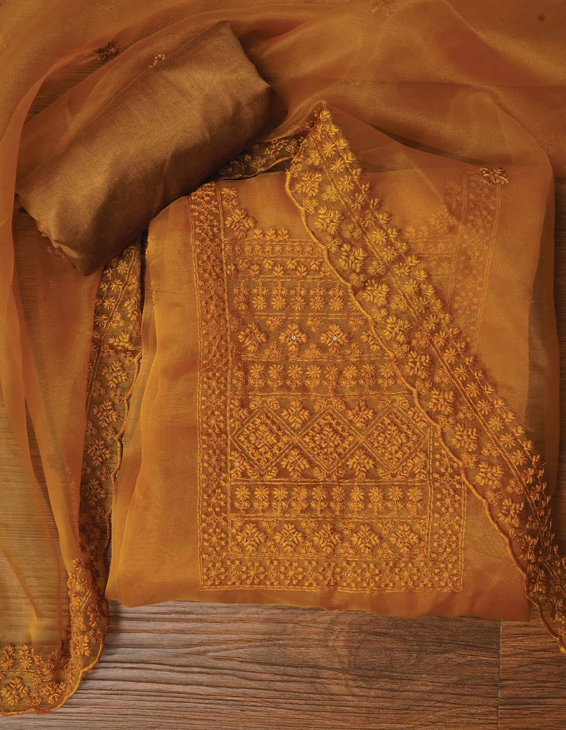 Mustard Unstitched Embroidered Organza Festive Dress Material With Dupatta