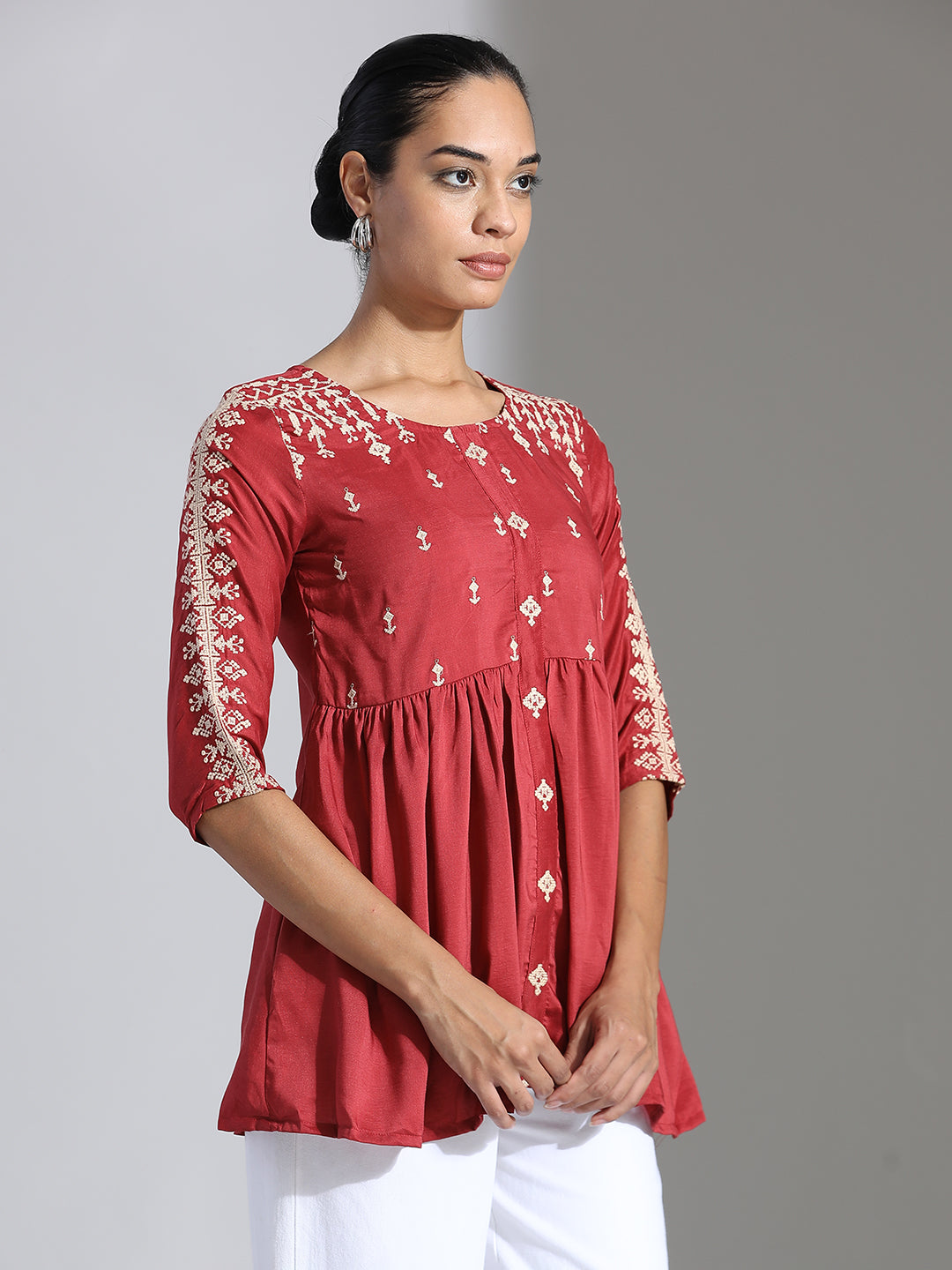 Rust Embroidered Party Wear Peplum Top