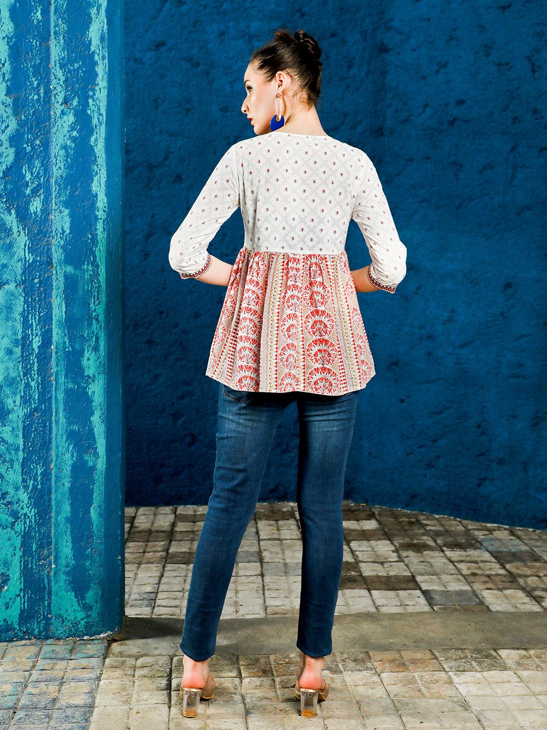 Ethnic Printed White And Maroon Peplum Top