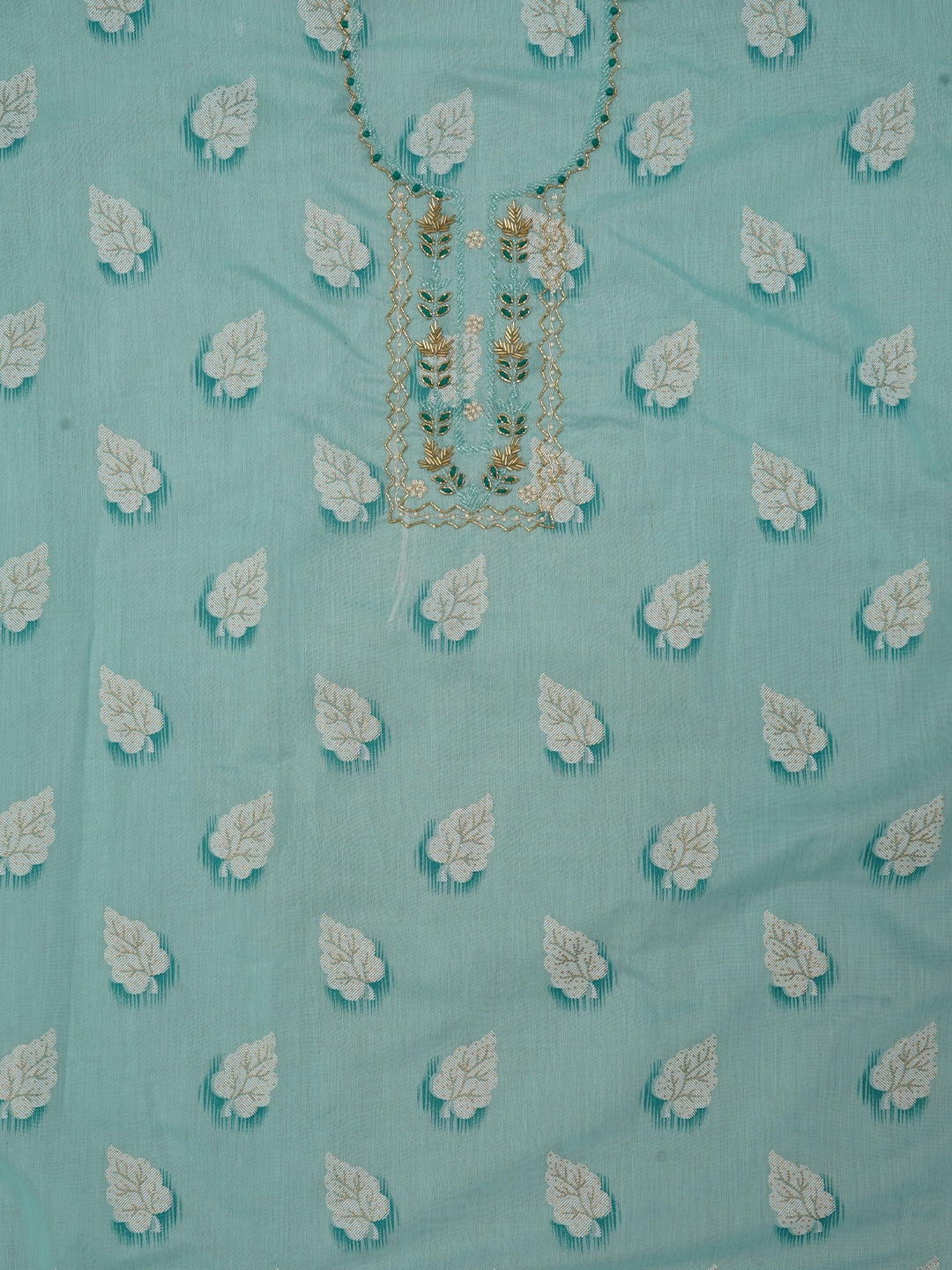 Sea Green Embellished Woven Design Cotton Dress Material with Dupatta