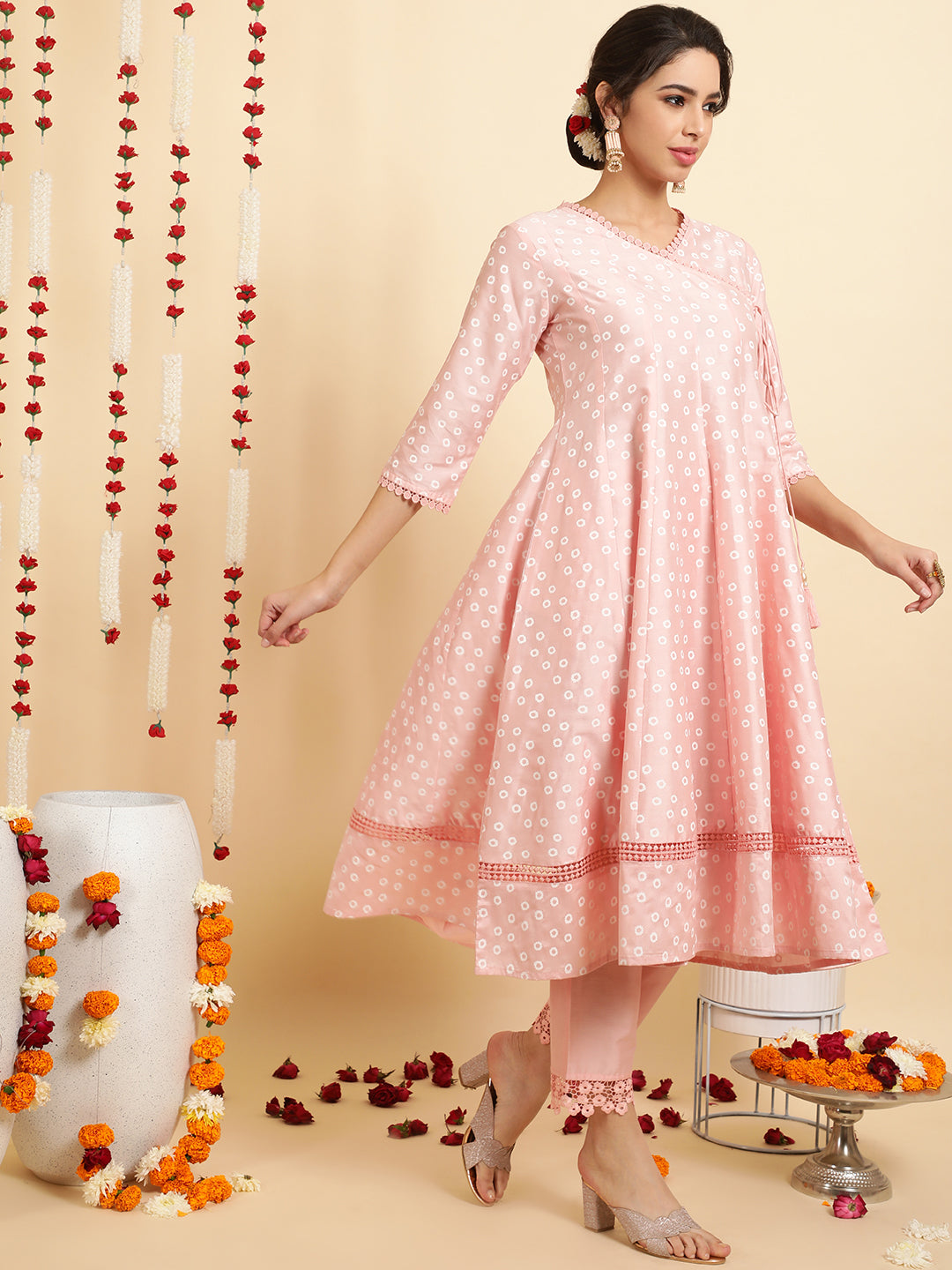 Festive Printed Anarkali Kurta Set With Handblock Dupatta