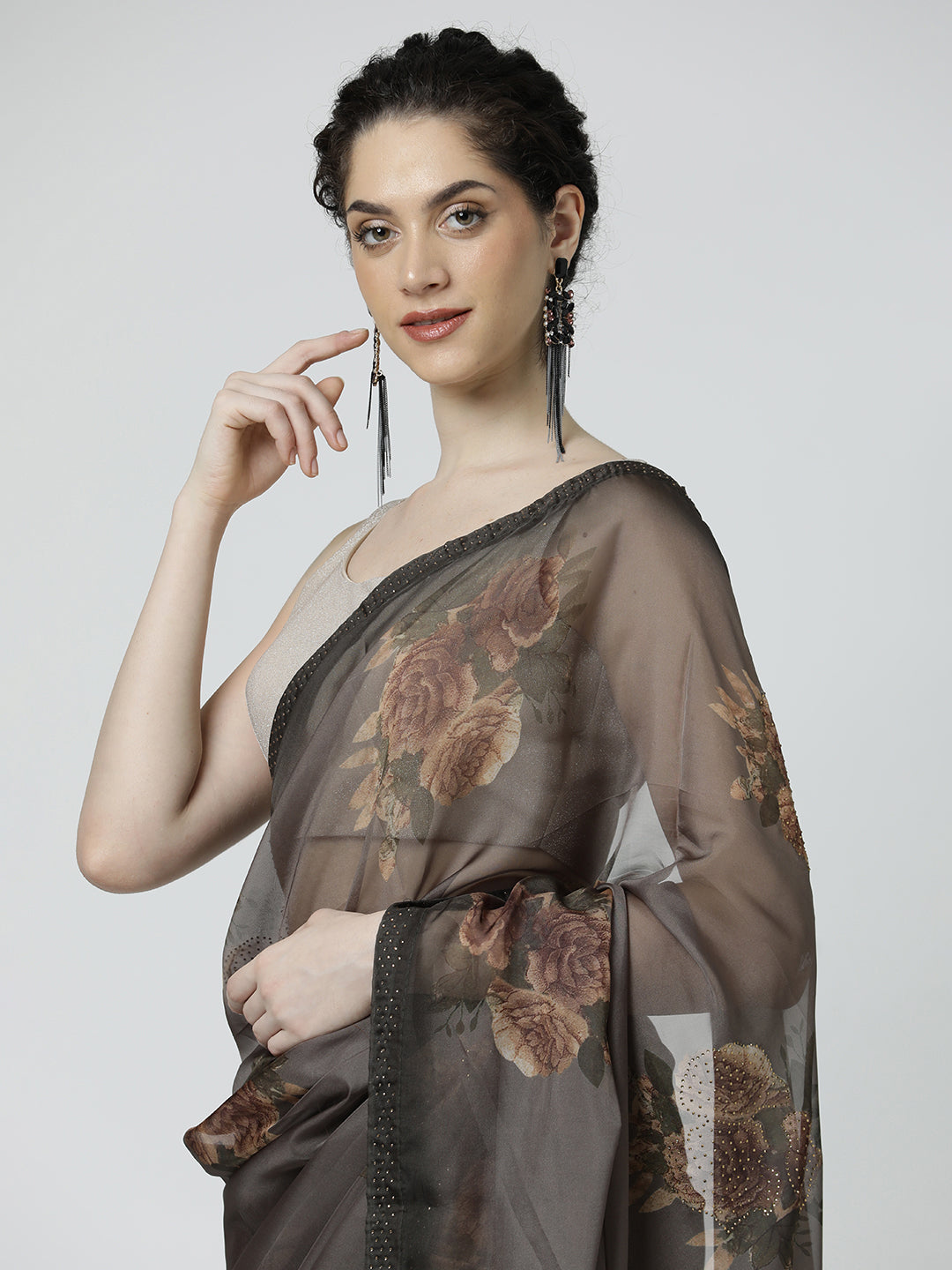 Brown Embellished Floral Printed Georgette Saree