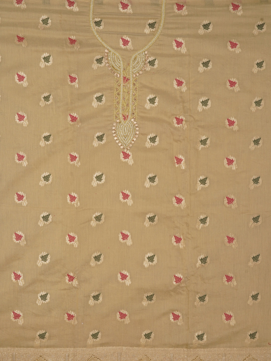 Beige Zari Woven Cotton Blend Dress Material with Dupatta