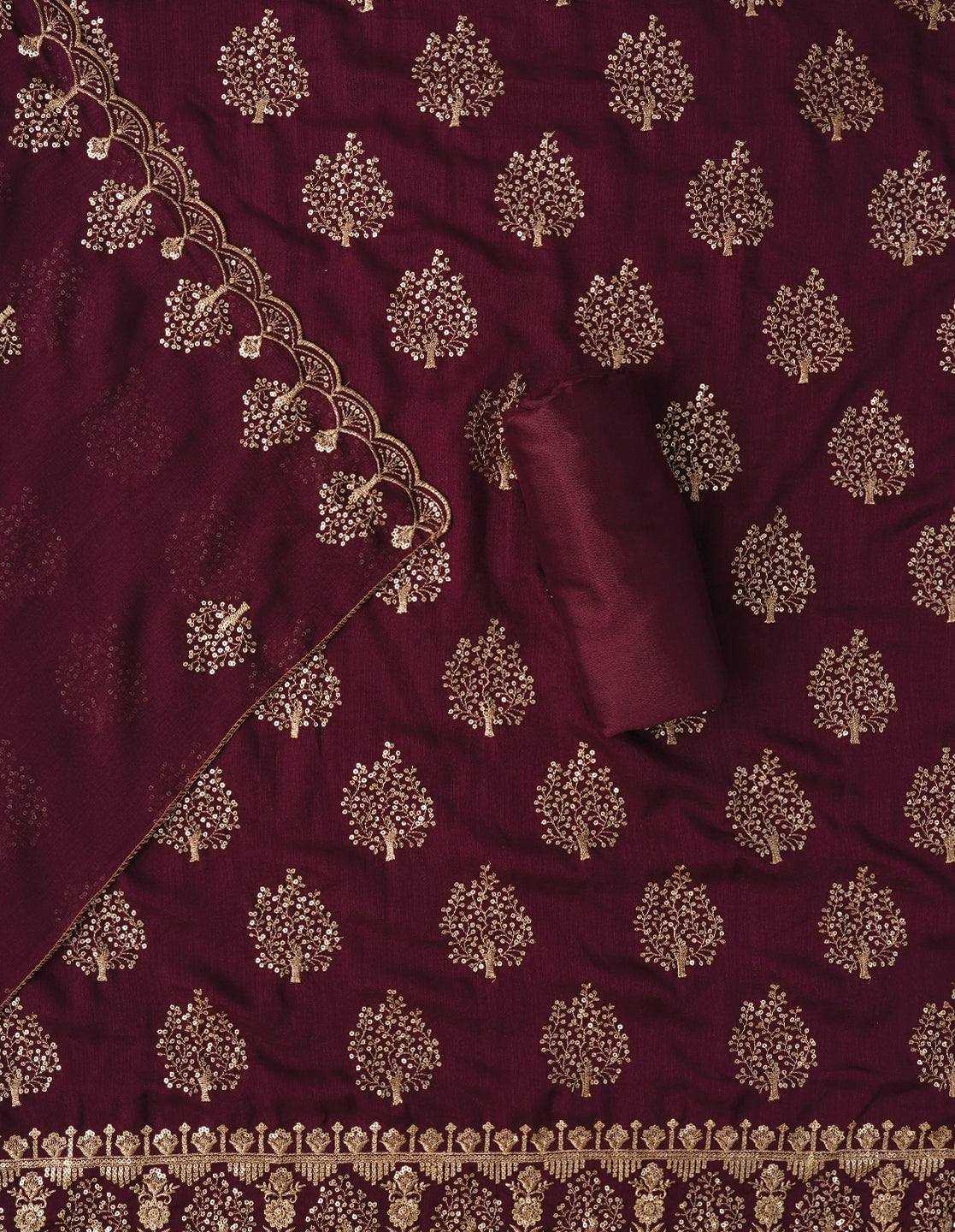 Purple Sequin Work Cotton Blend Dress Material with Dupatta