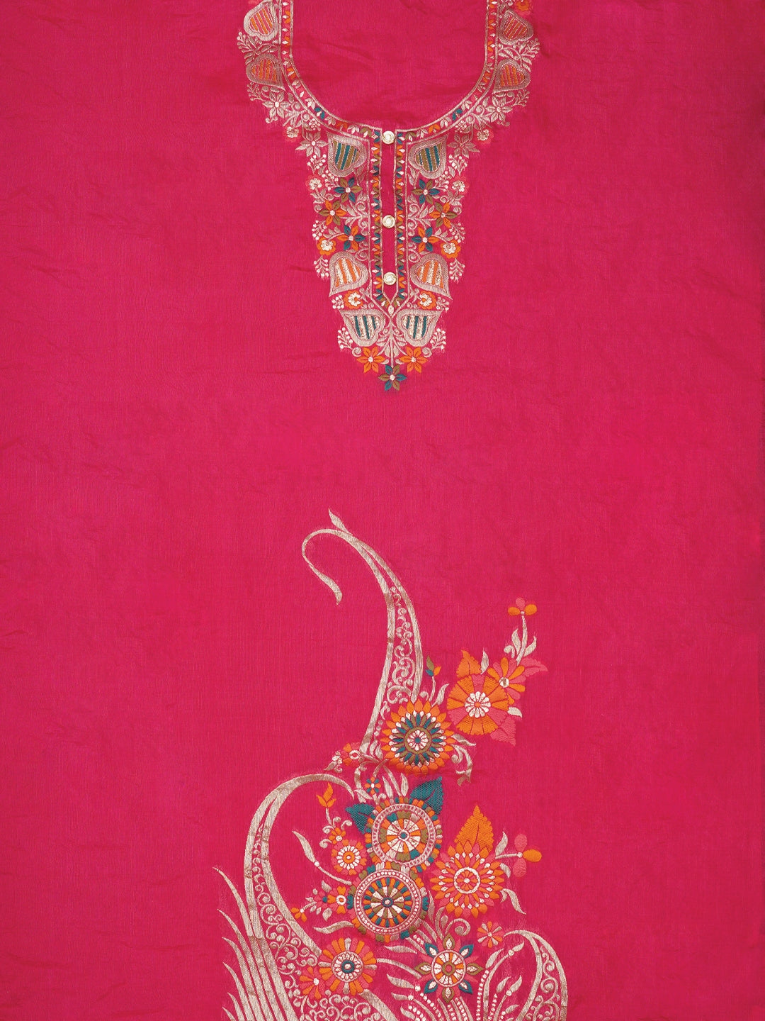 Pink Unstitched Zari Silk Blend Dress Material With Dupatta