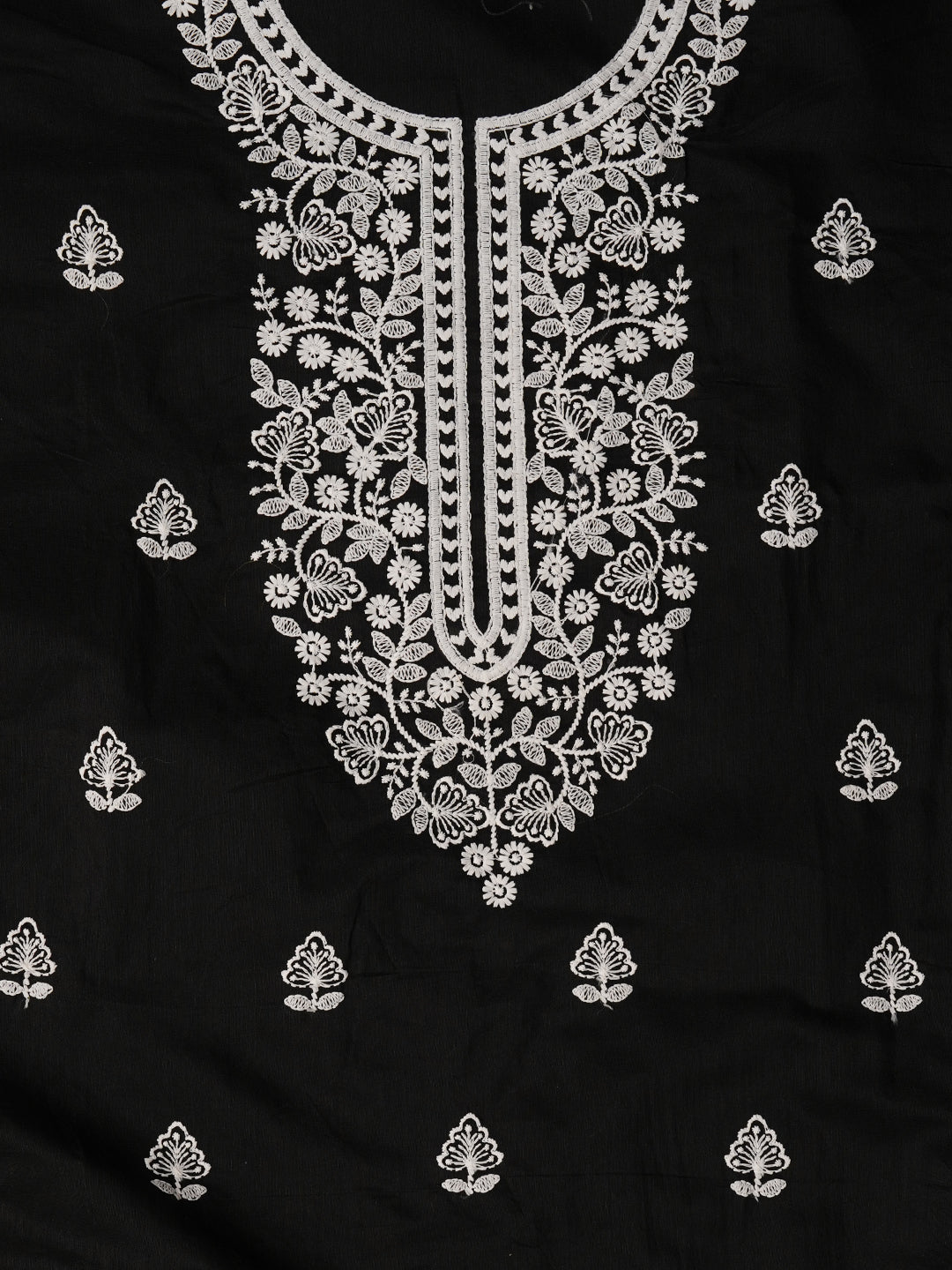 Unstitched Black Embroidered Cotton Blend Dress Material With Dupatta