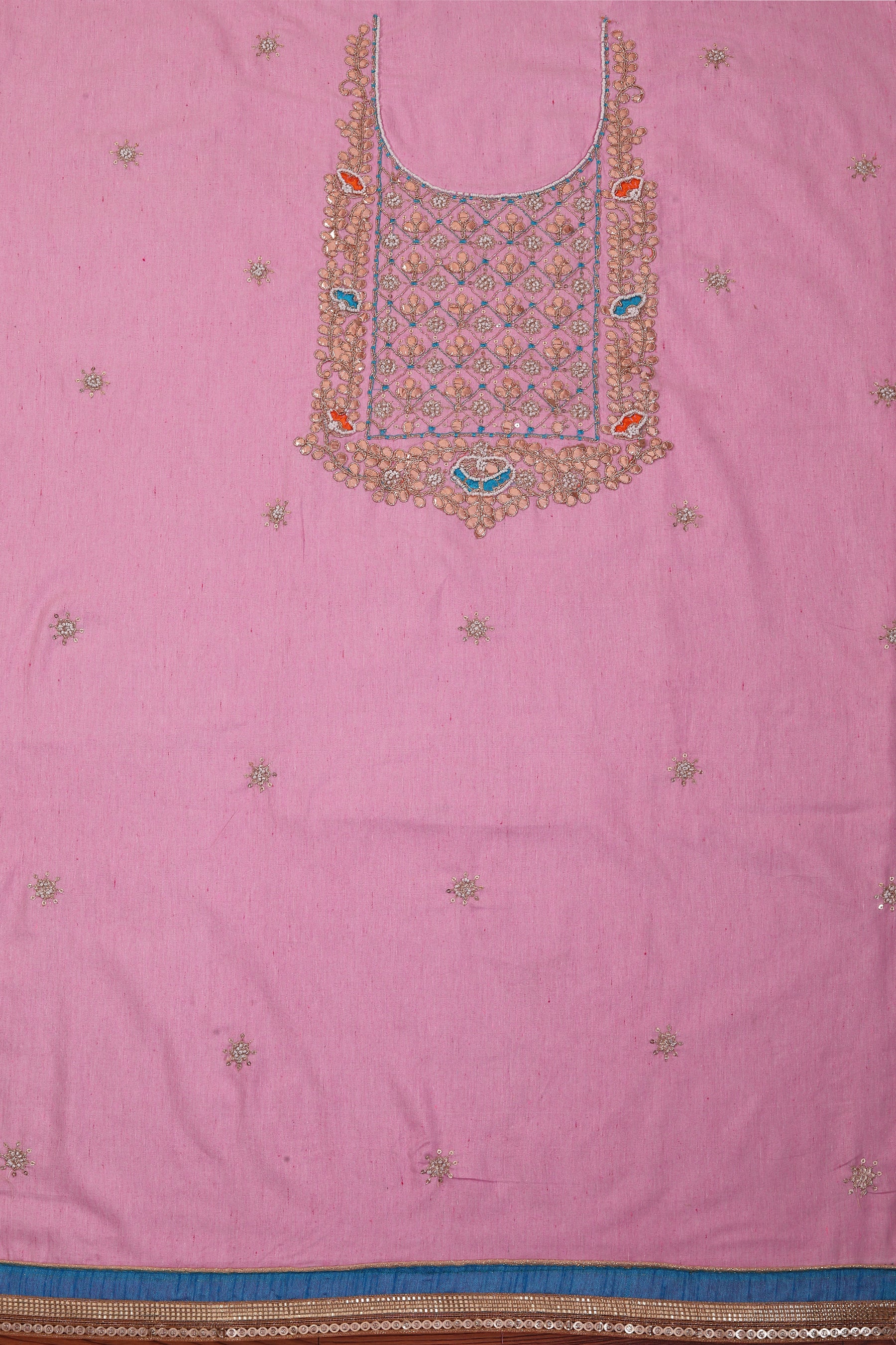 Pink Unstitched Embellished Cotton Dress Material With Dupatta