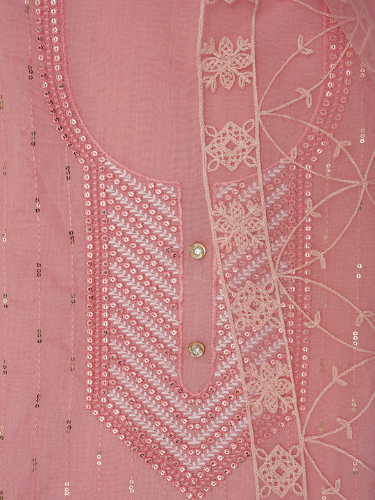 Pink Unstitched Embroidered Cotton Blend Dress Material With Dupatta