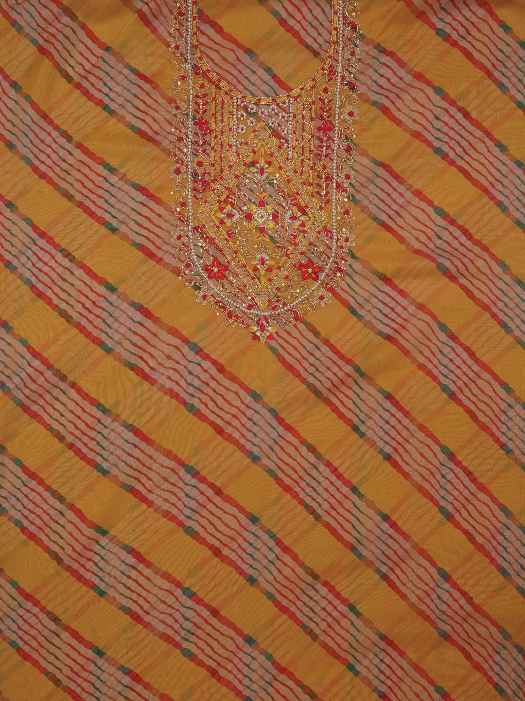 Mustard Leheriya Embroidered Dress Material with Dupatta