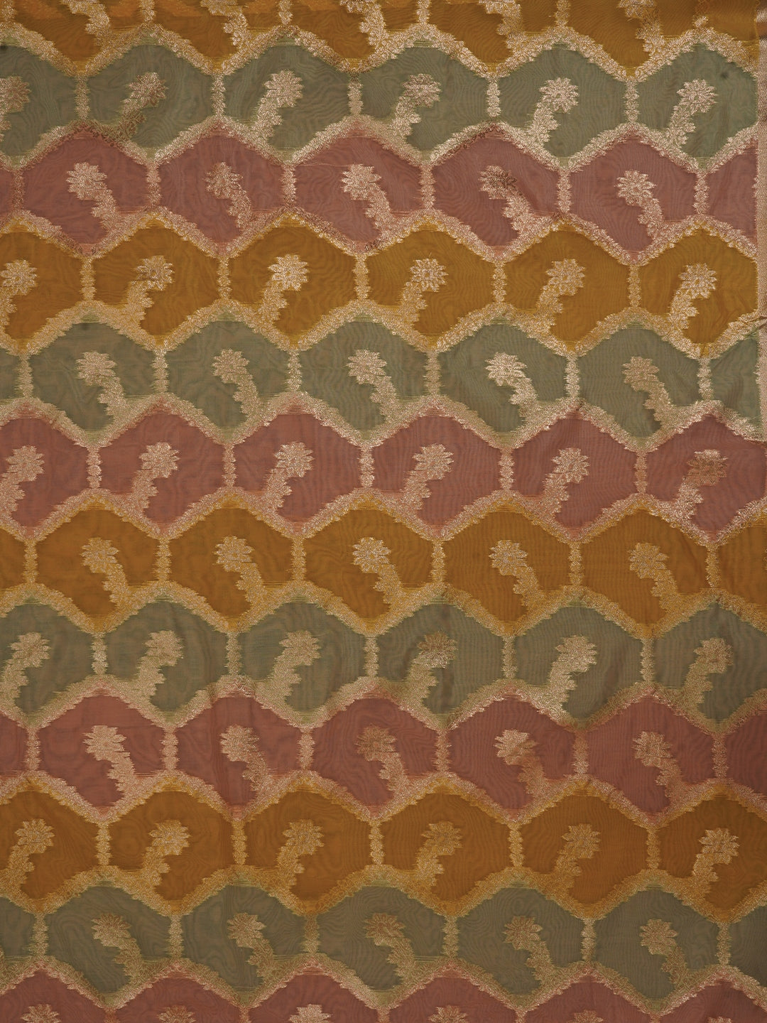 Peach Unstitched Zari Woven Organza Dress Material With Dupatta